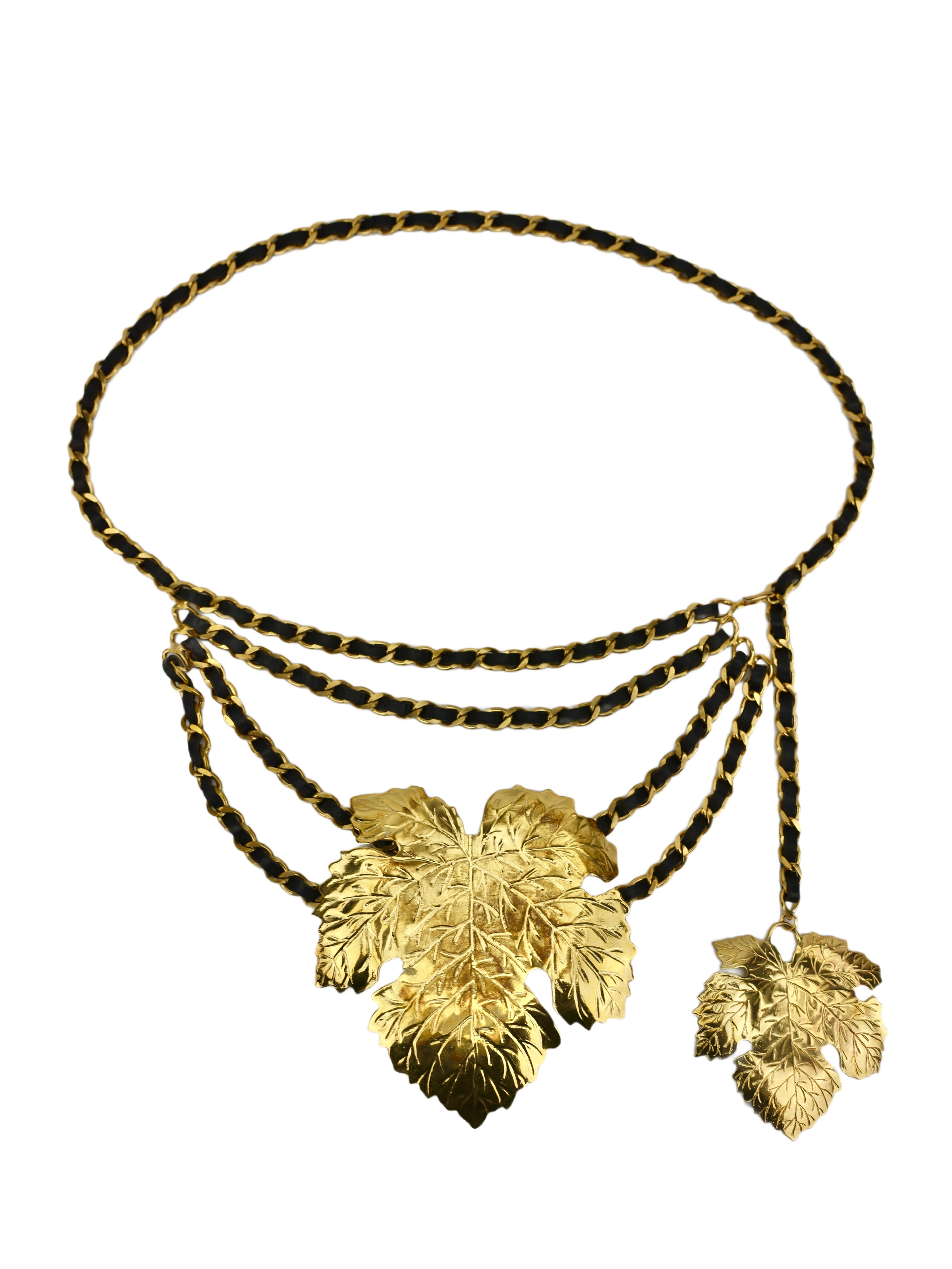 CHANEL SPRING/SUMMER 1992 (COLLECTION 28) GOLD PLATED BLACK ENTWINED LEATHER CHAIN LINK LEAF BELT