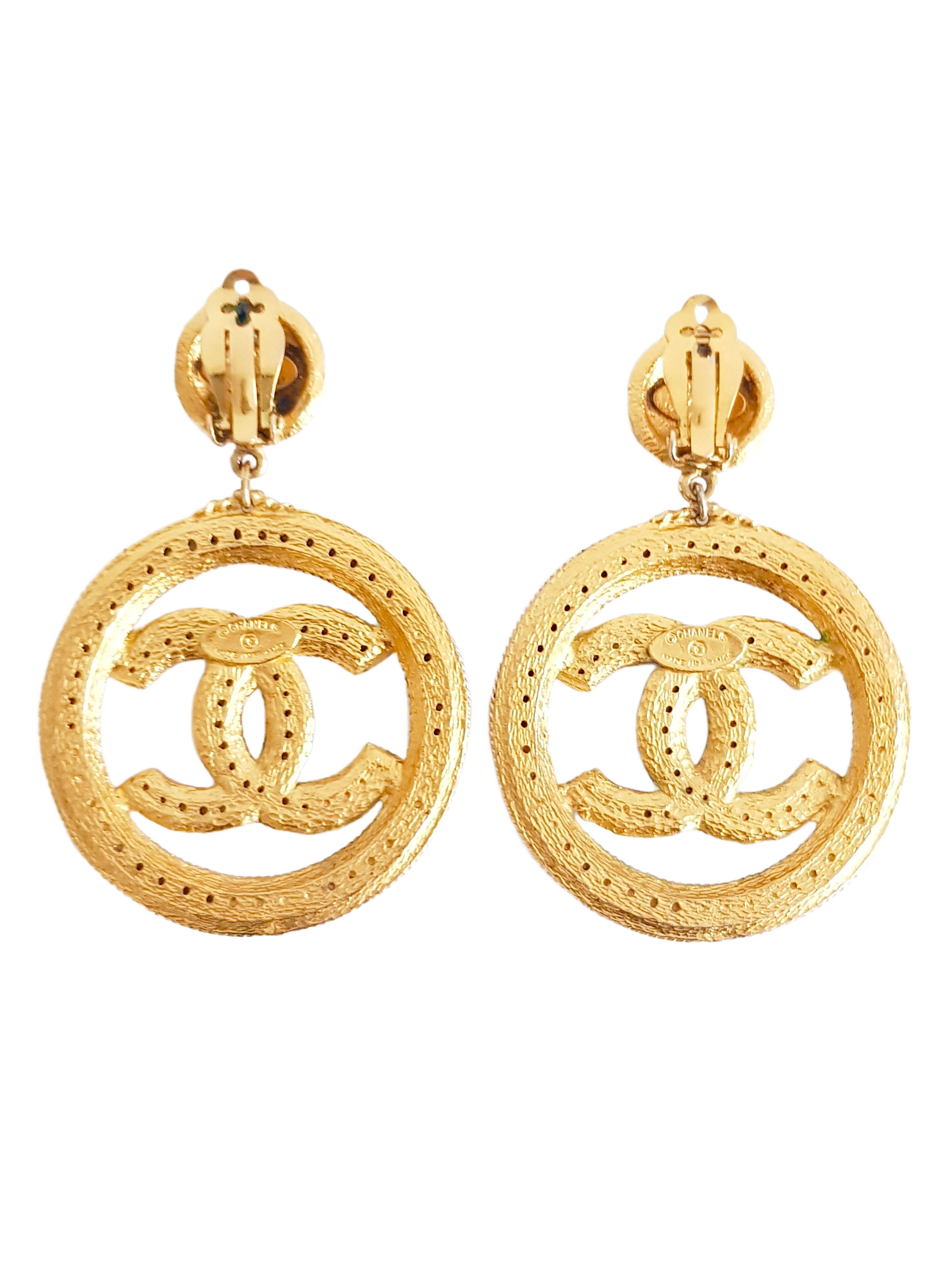 CHANEL 1980'S GOLD PLATED CC LOGO CRYSTAL RHINESTONE INLAY HOOP EARRINGS