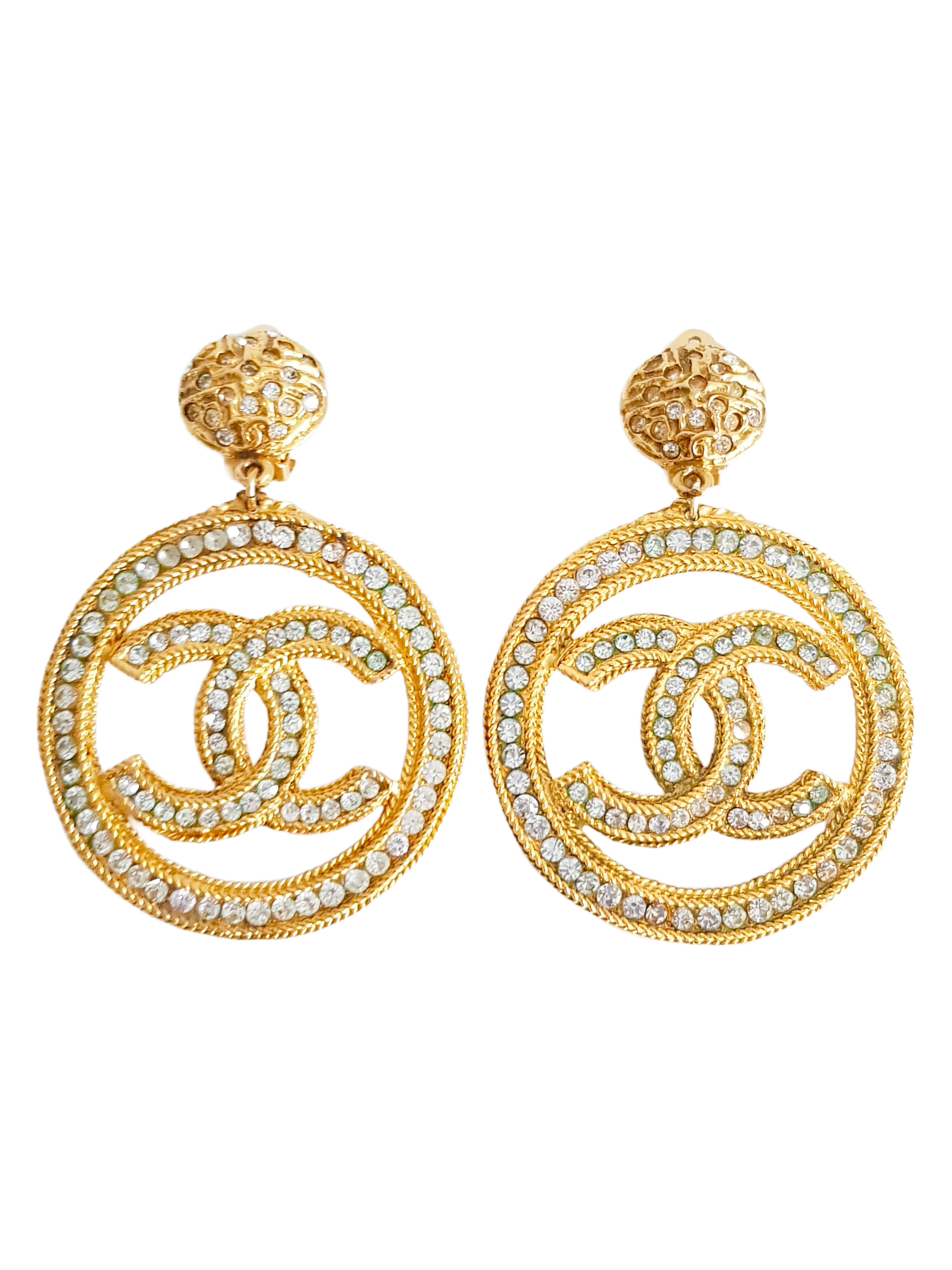 CHANEL 1980'S GOLD PLATED CC LOGO CRYSTAL RHINESTONE INLAY HOOP EARRINGS