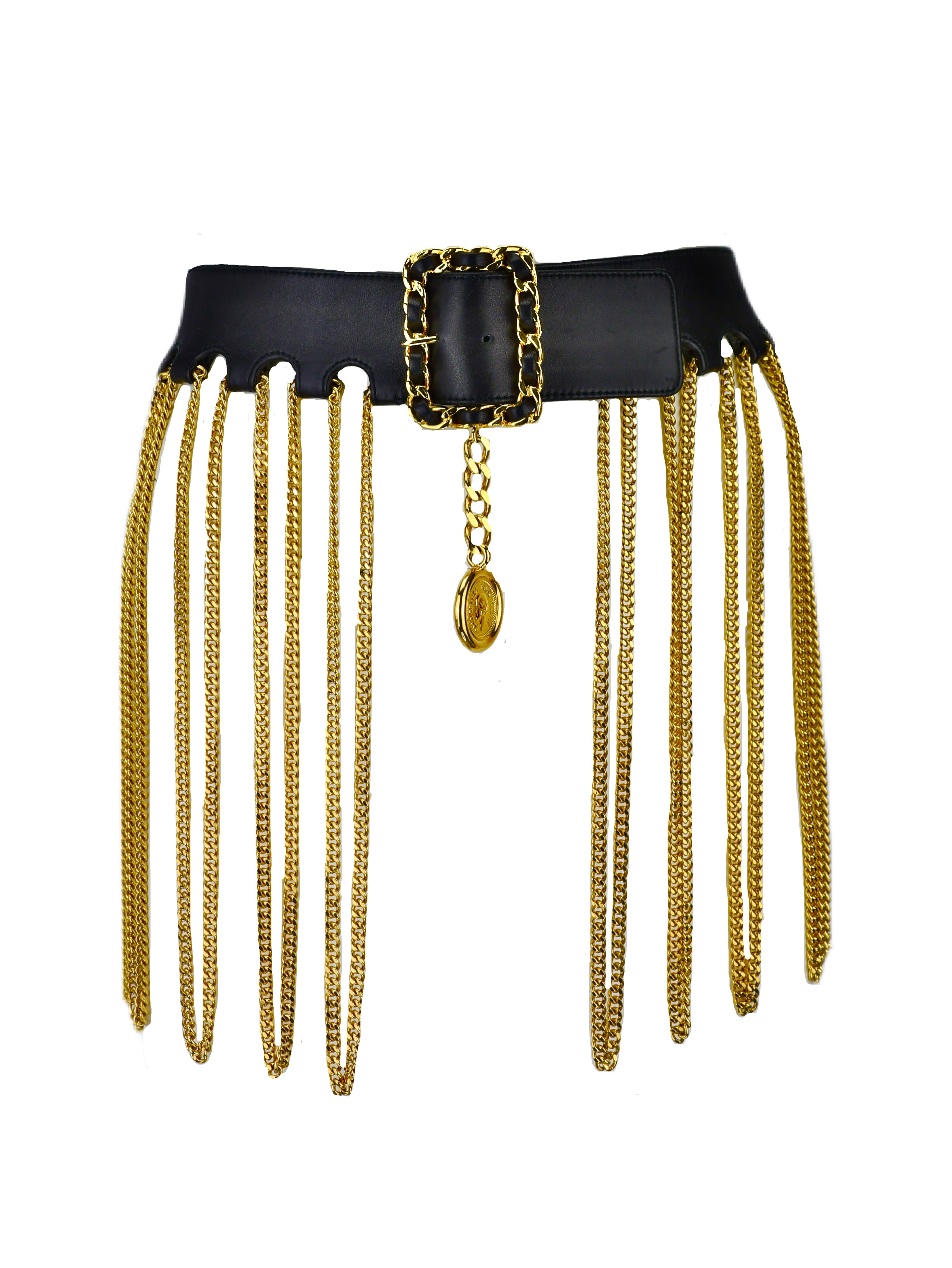 CHANEL FALL/WINTER 1991 BLACK LEATHER GOLD PLATED CHAIN TASSEL SKIRT BELT