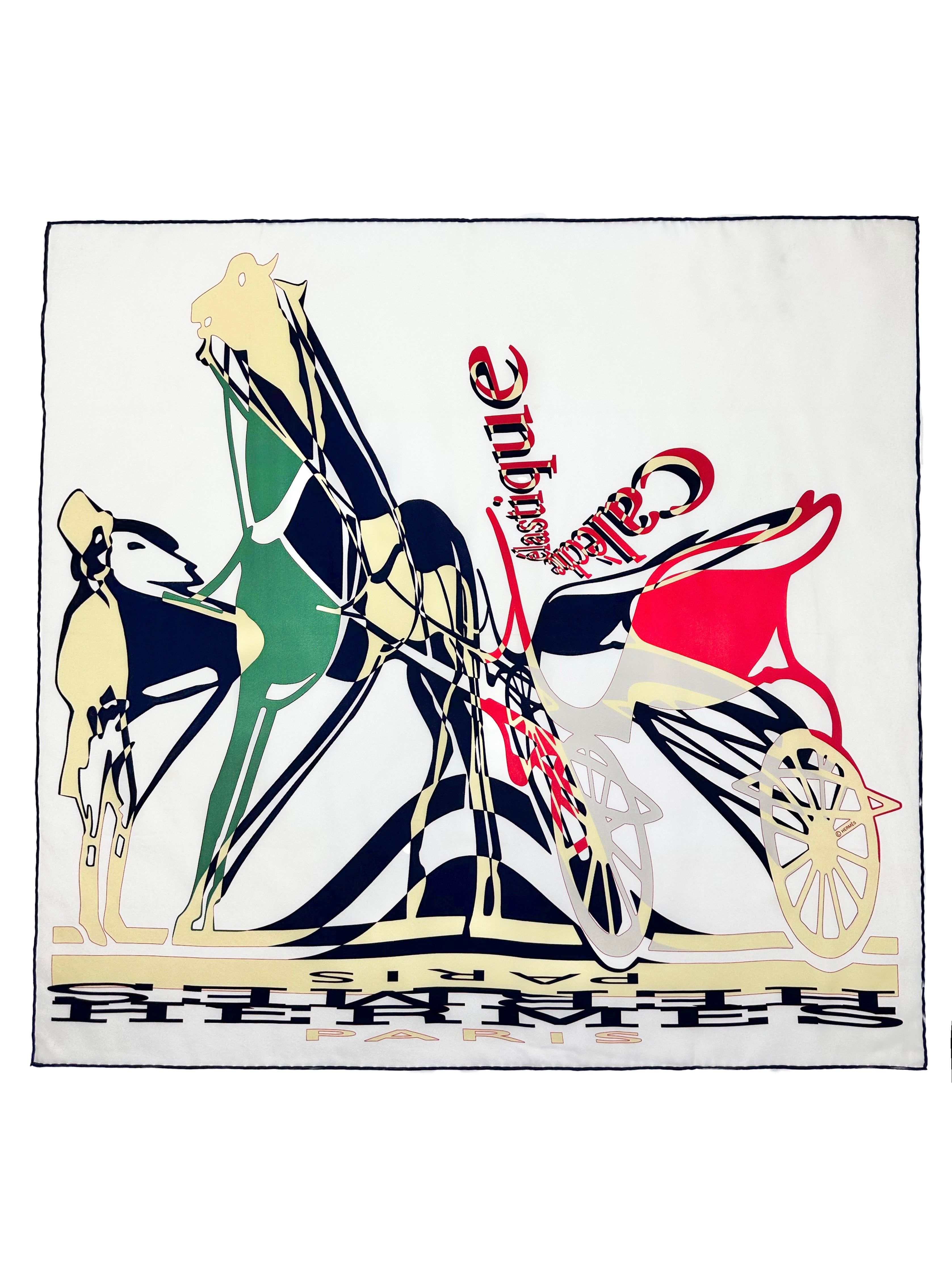 HERMÈS PARIS 2006 CALECHE ELASTIQUE RED GREEN WHITE SILK SQUARE EQUESTRIAN HORSE PRINT CARRÉ SCARF