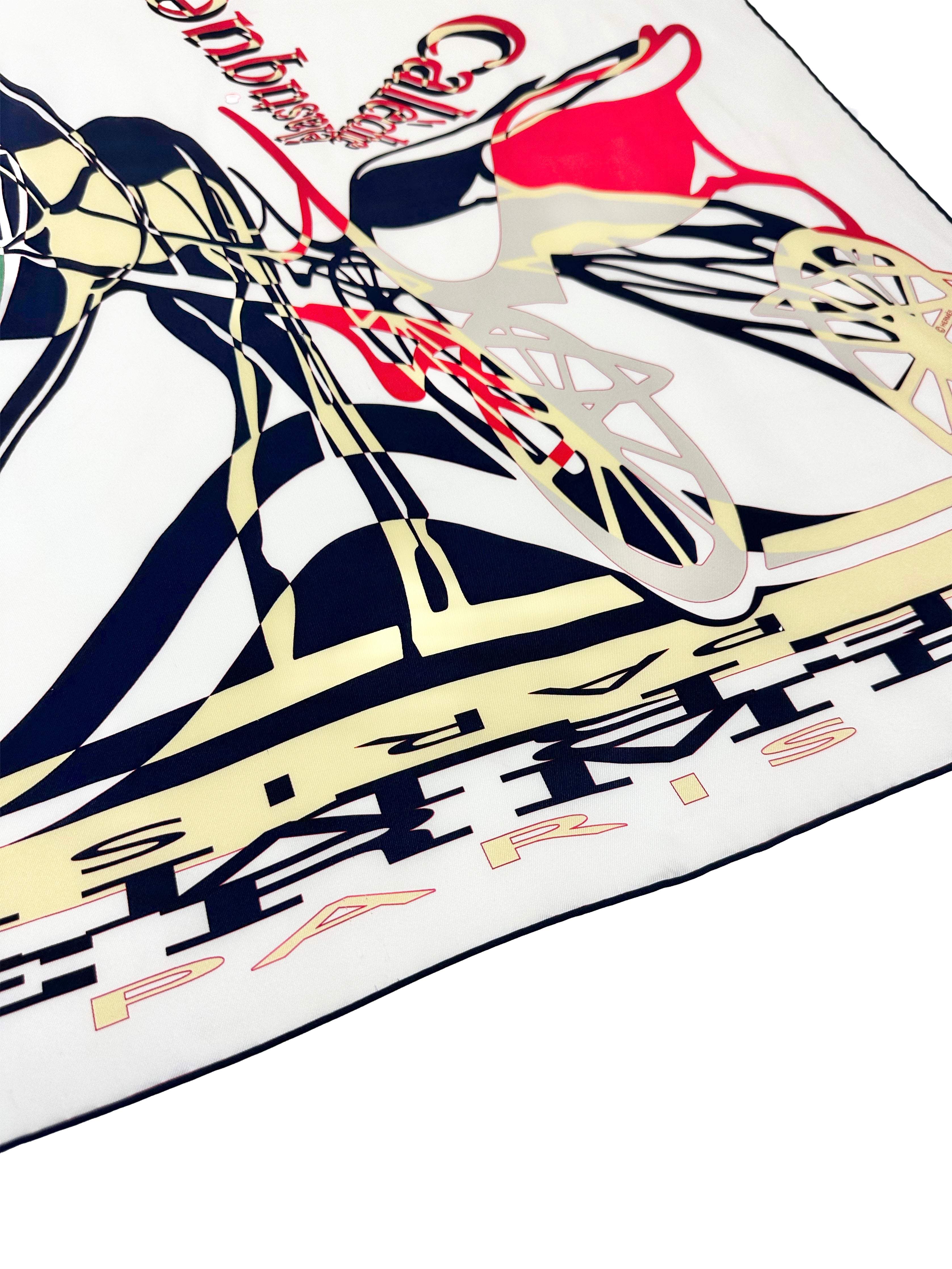 HERMÈS PARIS 2006 CALECHE ELASTIQUE RED GREEN WHITE SILK SQUARE EQUESTRIAN HORSE PRINT CARRÉ SCARF