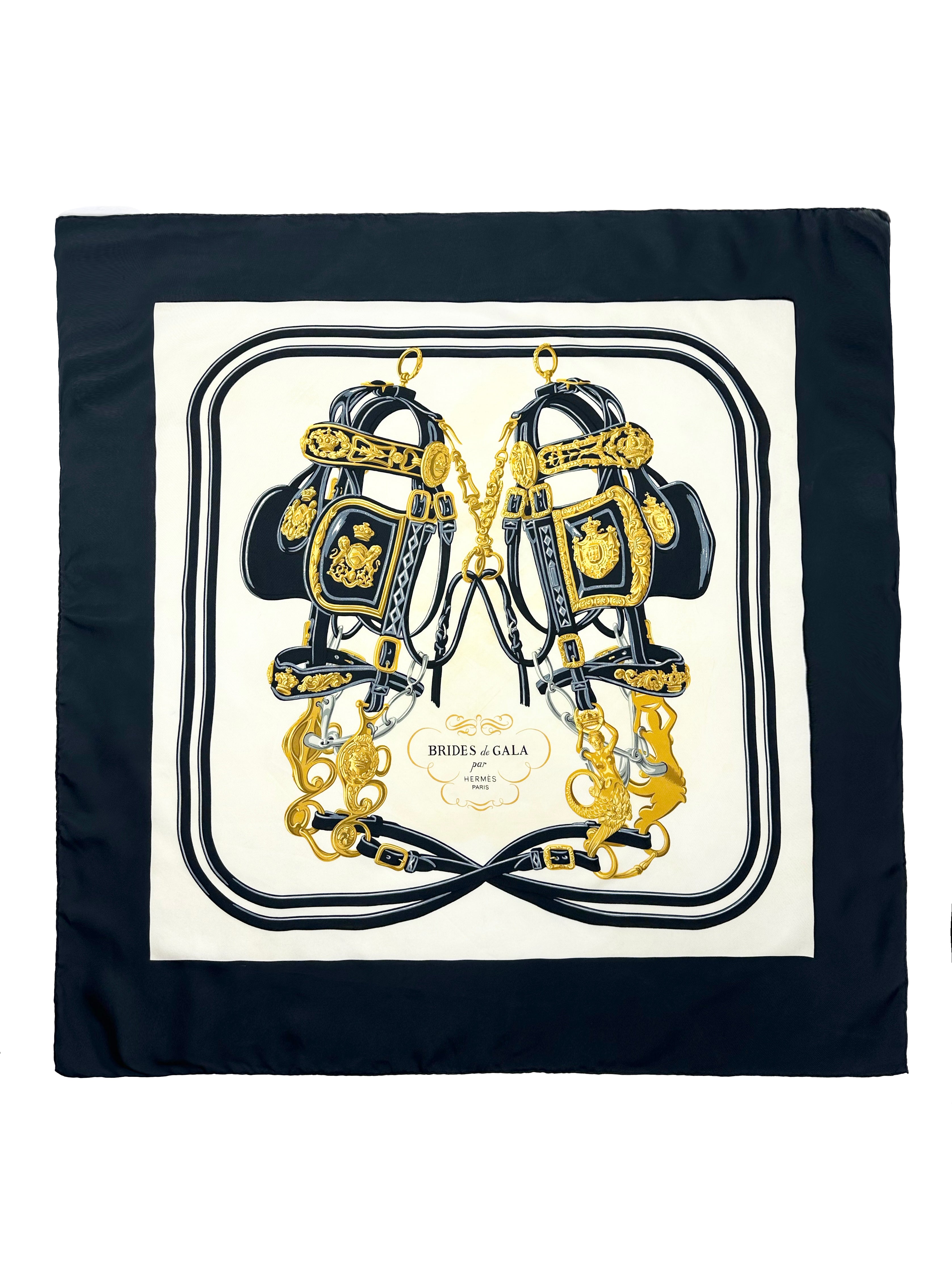 HERMÈS PARIS BRIDES DE GALA BLUE GOLD WHITE SILK SQUARE EQUESTRIAN HORSE PRINT CARRÉ SCARF