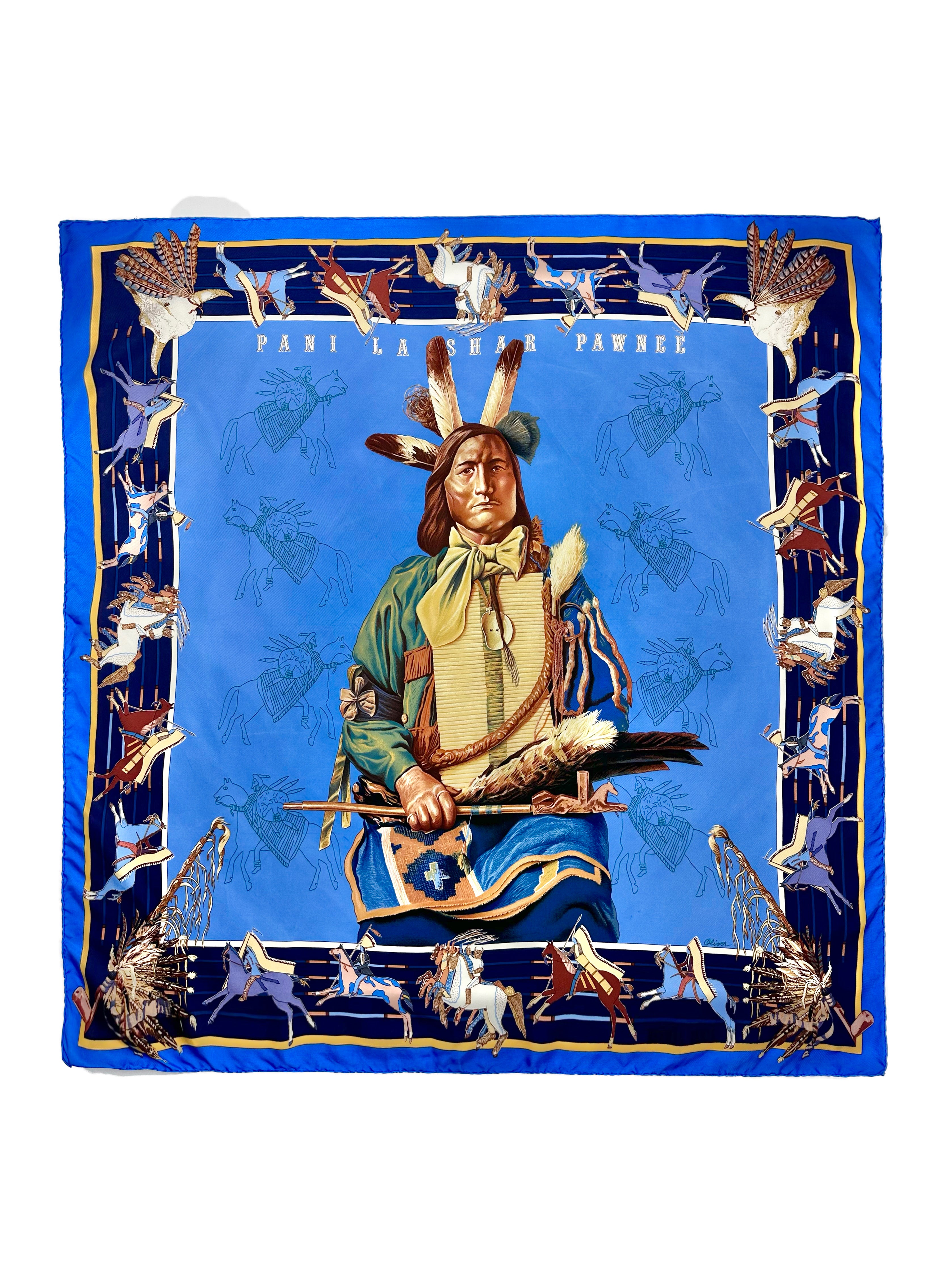 HERMÈS PARIS PANI LA SHAR PAWNEE BLUE SILK SQUARE NATIVE AMERICAN CHIEF PRINT DOUBLE FACE CARRÉ SCARF