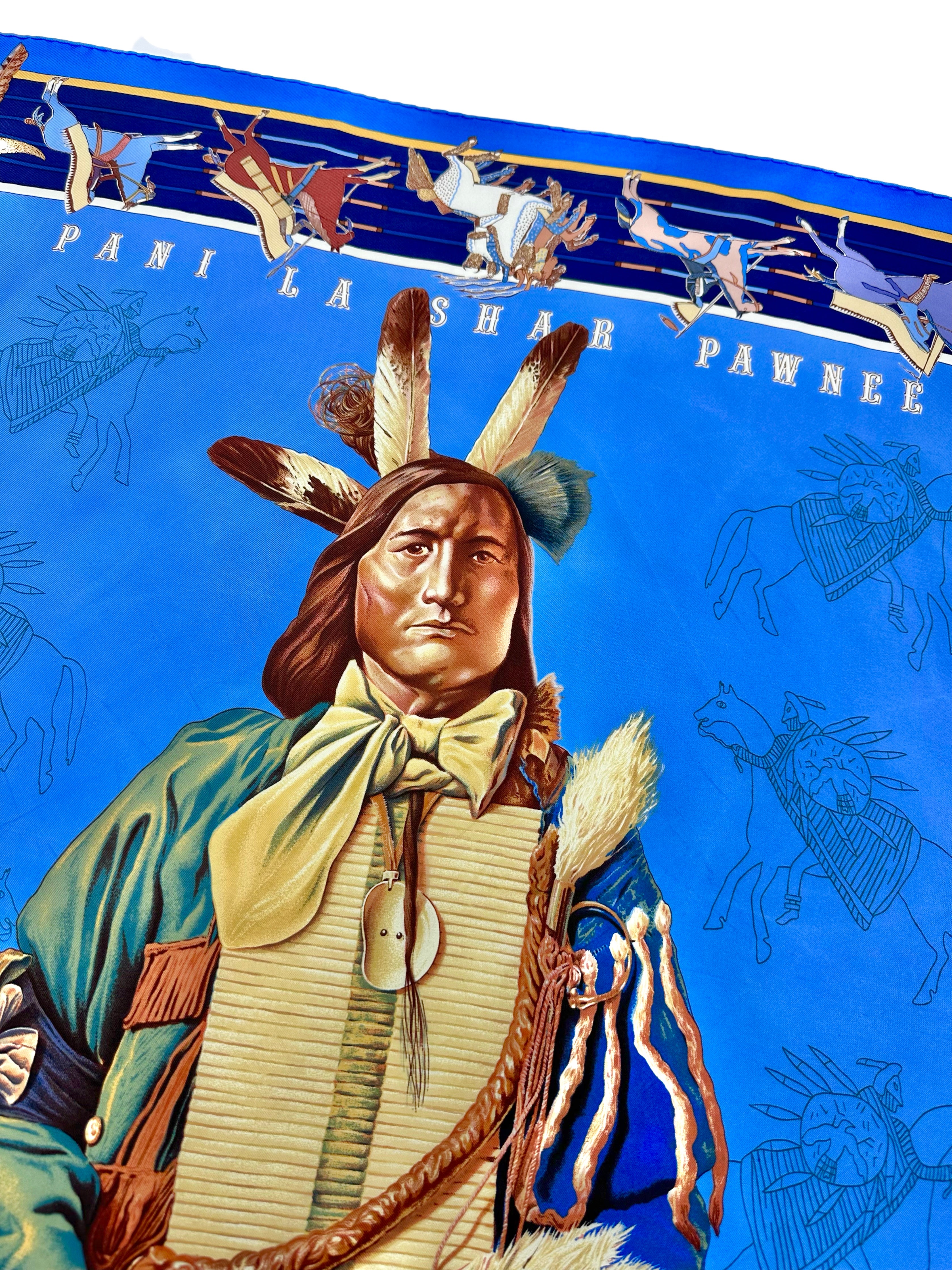 HERMÈS PARIS PANI LA SHAR PAWNEE BLUE SILK SQUARE NATIVE AMERICAN CHIEF PRINT DOUBLE FACE CARRÉ SCARF