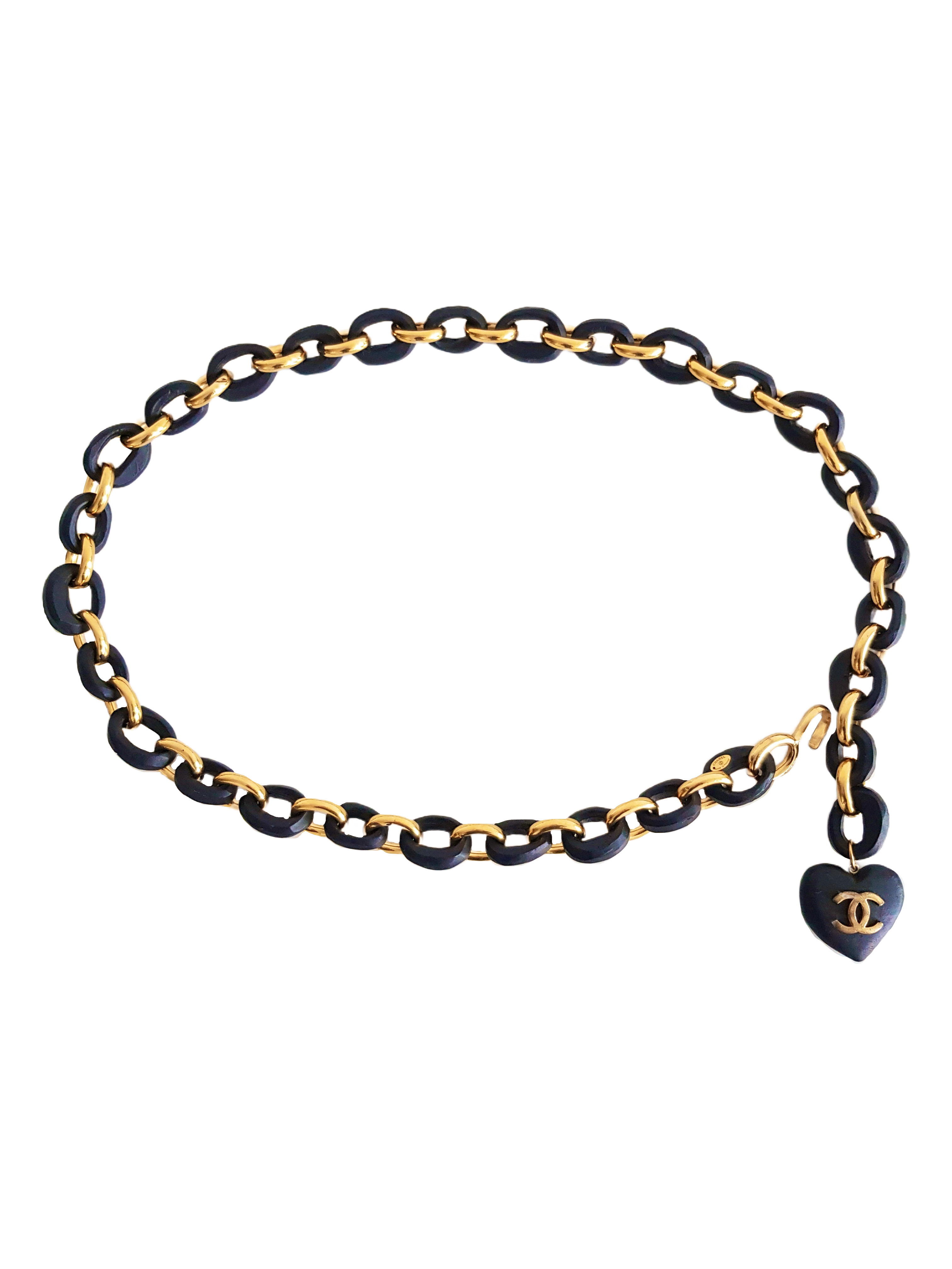CHANEL SPRING / SUMMER 1992 BLACK WOODEN HEART PENDANT GOLD PLATED CHUNKY CHAIN LINK BELT