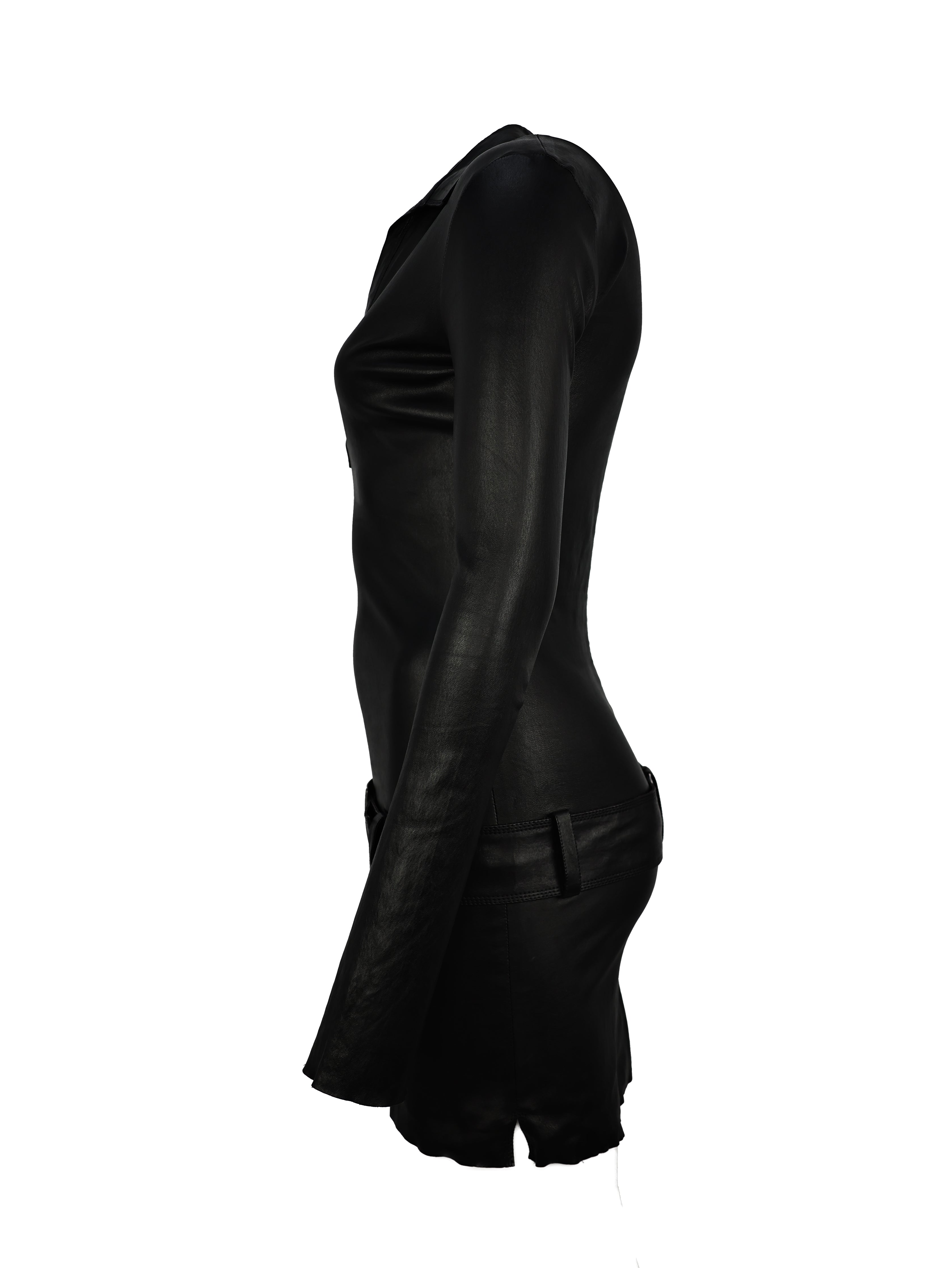 JITROIS BLACK LEATHER BELTED LONG SLEEVE DRESS