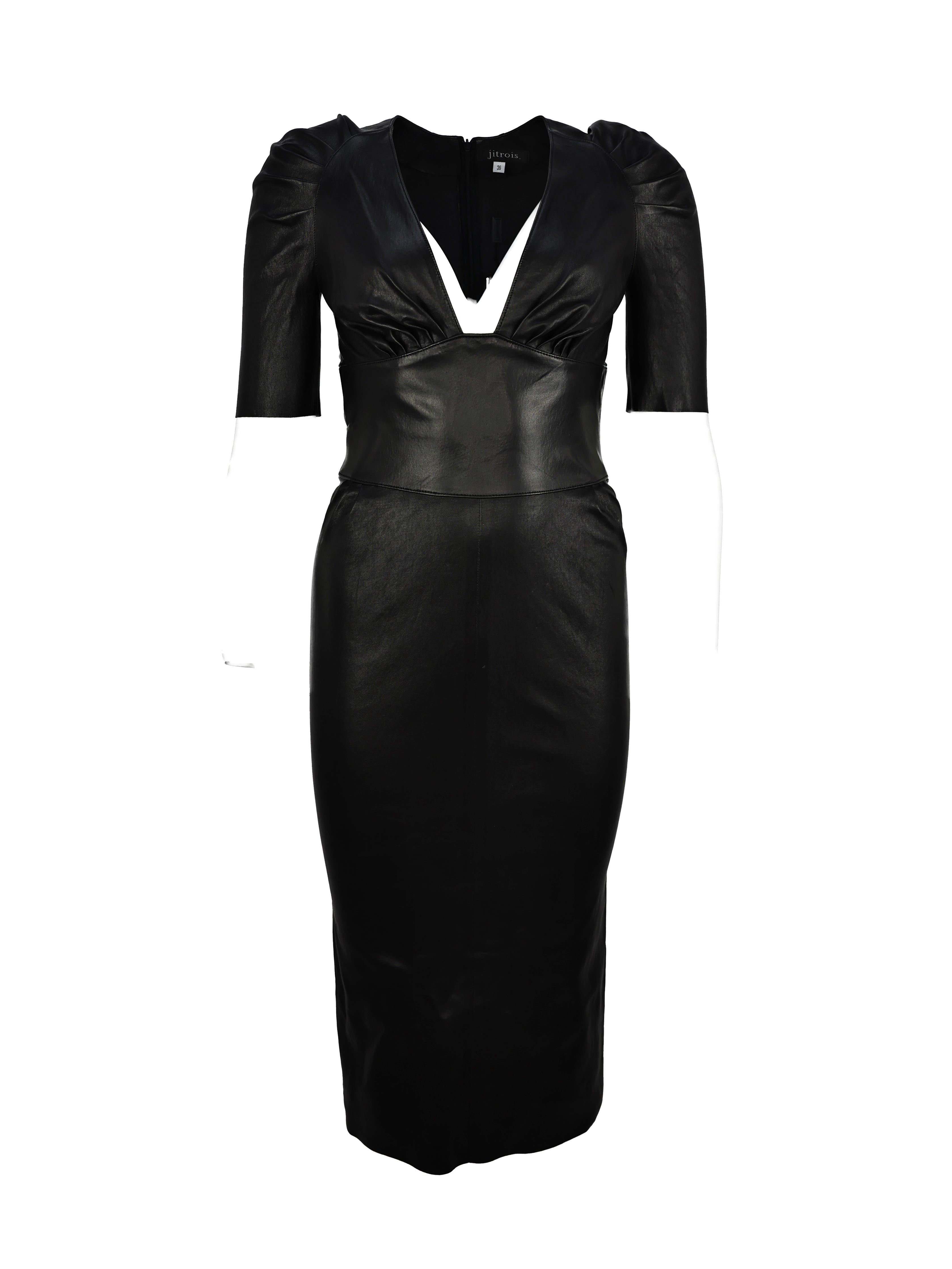 JITROIS BLACK LEATHER PLUNGING NECKLINE LONG SHORT SLEEVE DRESS
