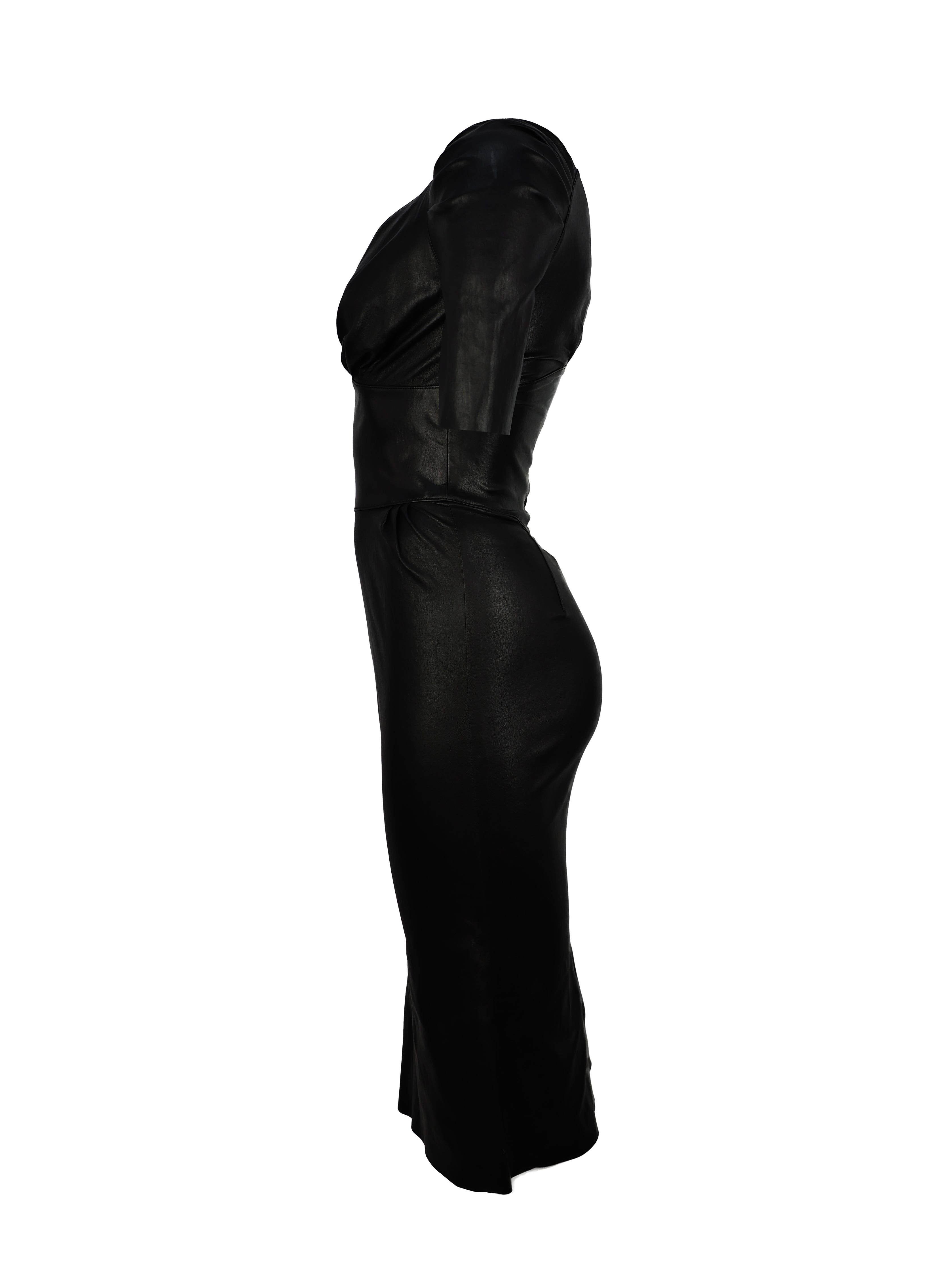 JITROIS BLACK LEATHER PLUNGING NECKLINE LONG SHORT SLEEVE DRESS