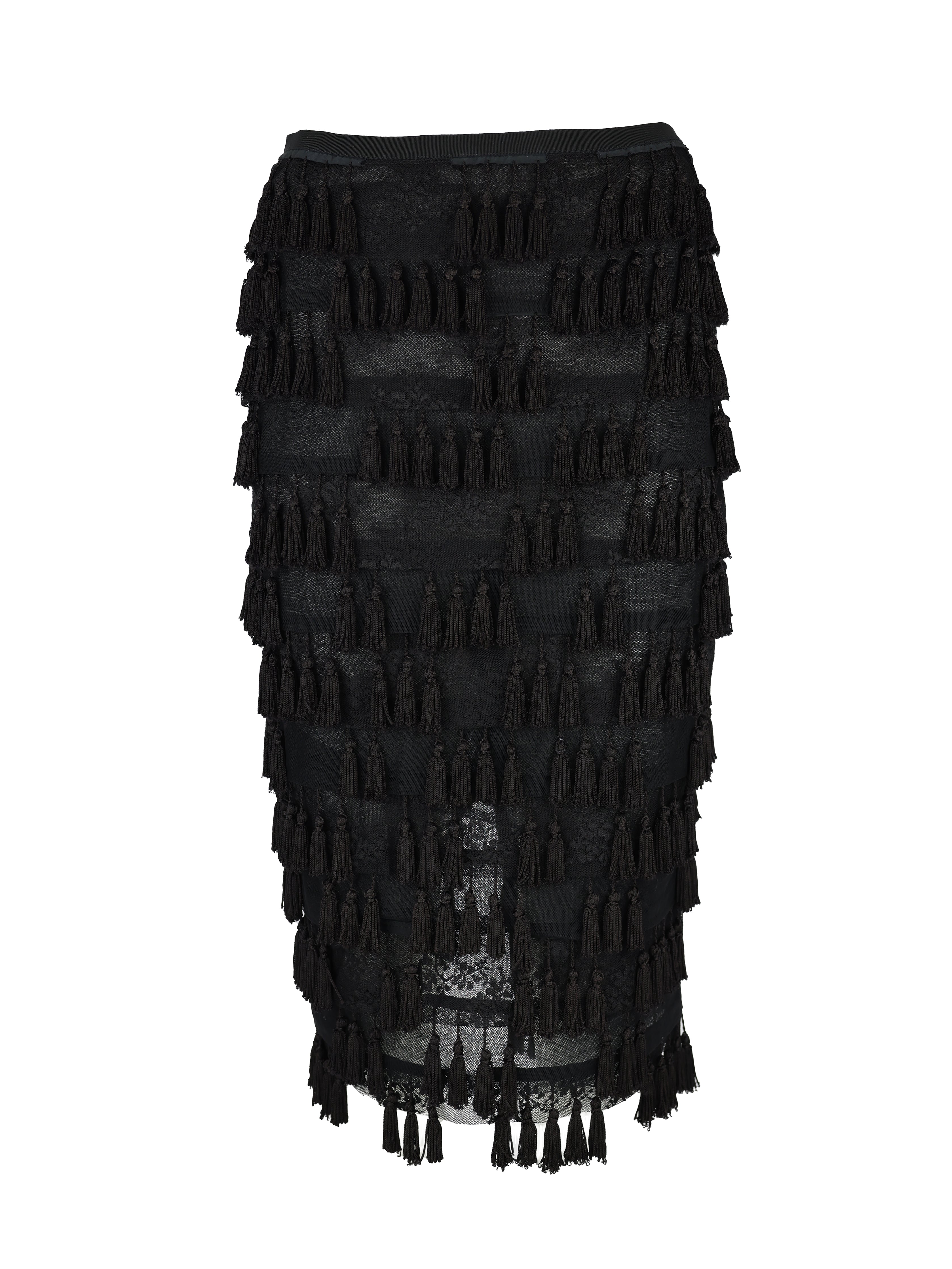 EMPORIO ARMANI BLACK COTTON NETTED TASSEL MID LENGTH SKIRT