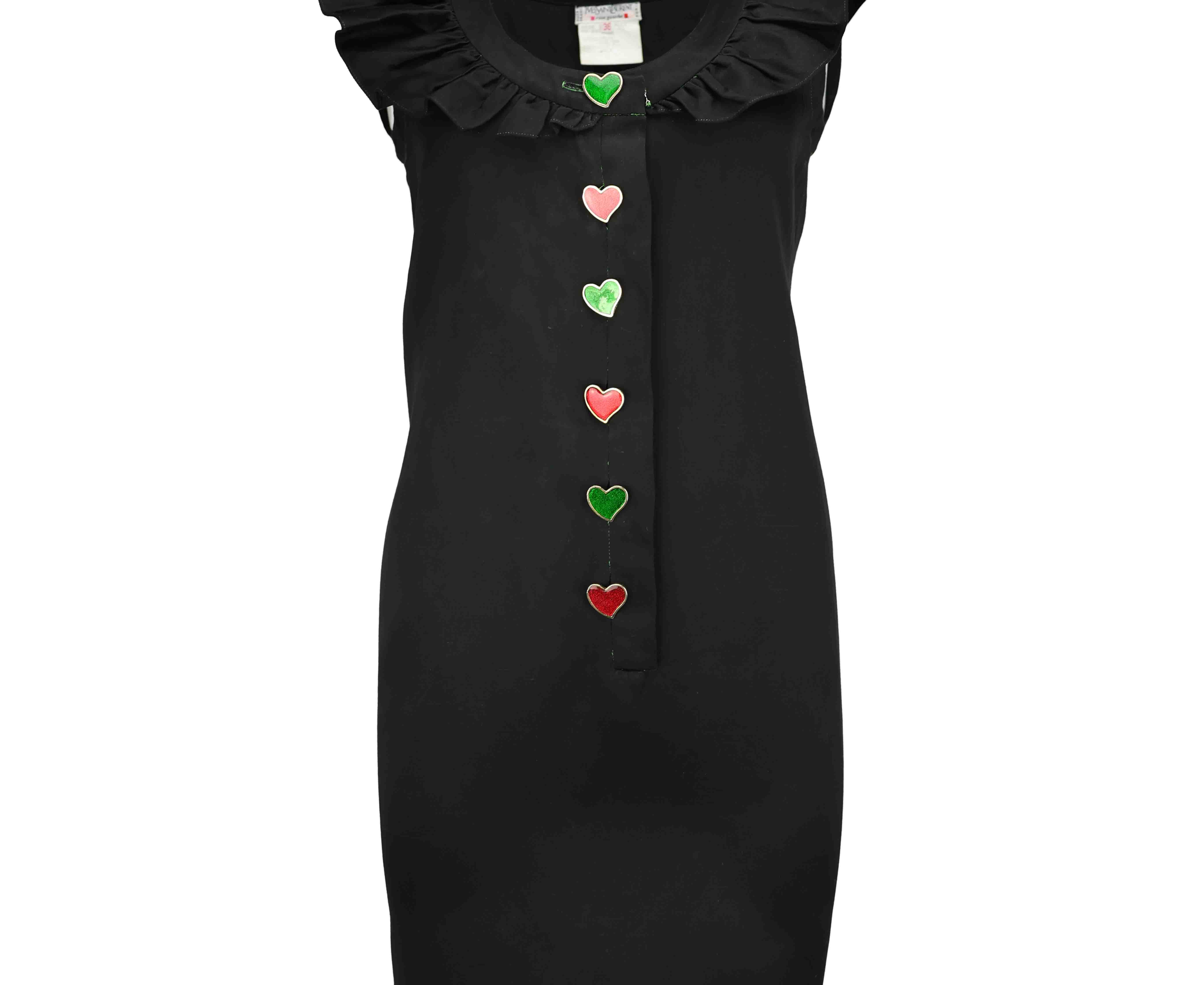 YVES SAINT LAURENT BLACK COTTON HEART SHAPED ENAMEL BUTTON RUFFLED SHOULDER KNEE LENGTH DRESS