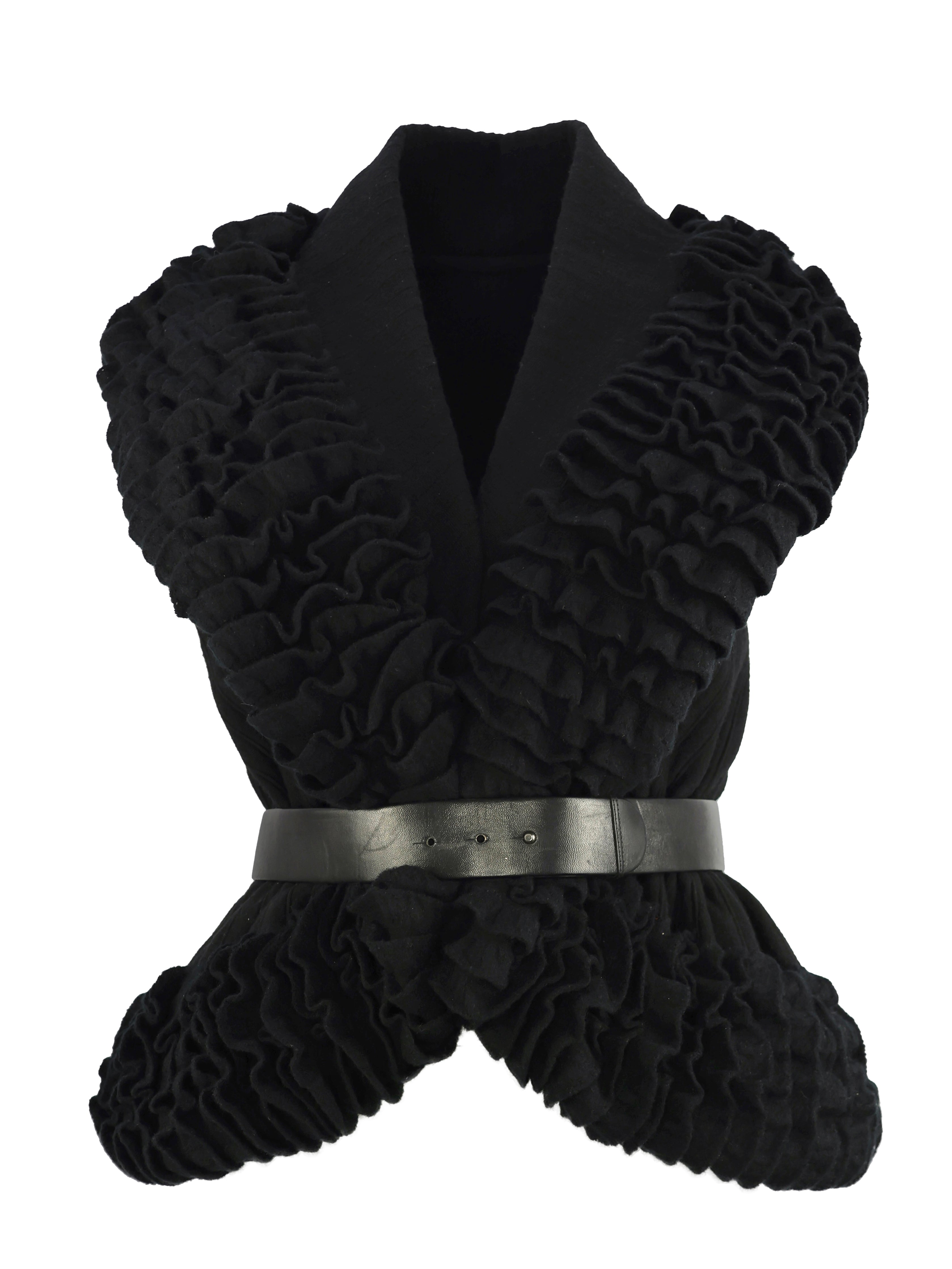 ALAIA BLACK WOOL RUFFLED EDGE SLEEVLESS  BELTED CARDIGAN