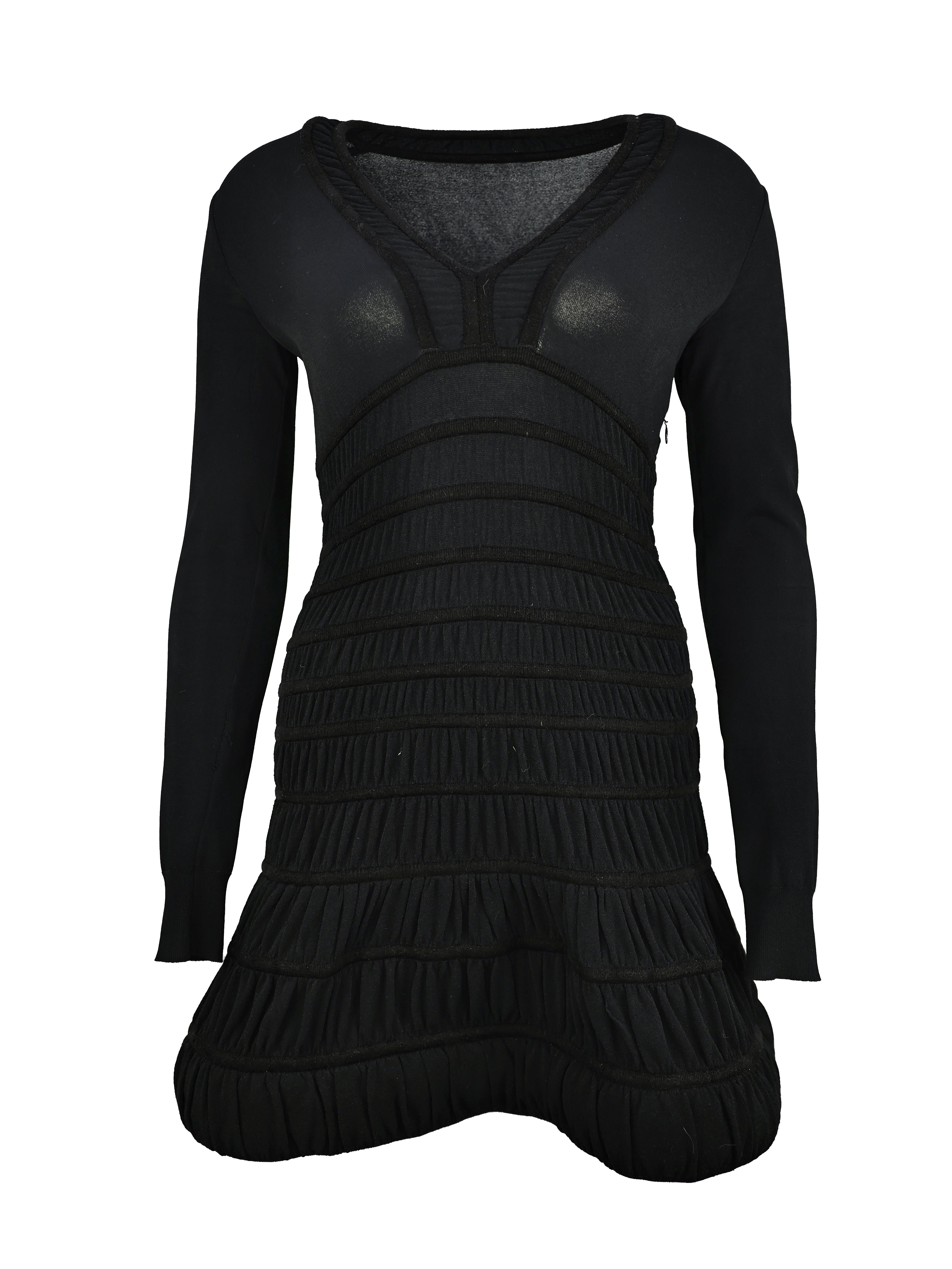 ALAIA BLACK WOOL V NECK LONG SLEEVE DRESS