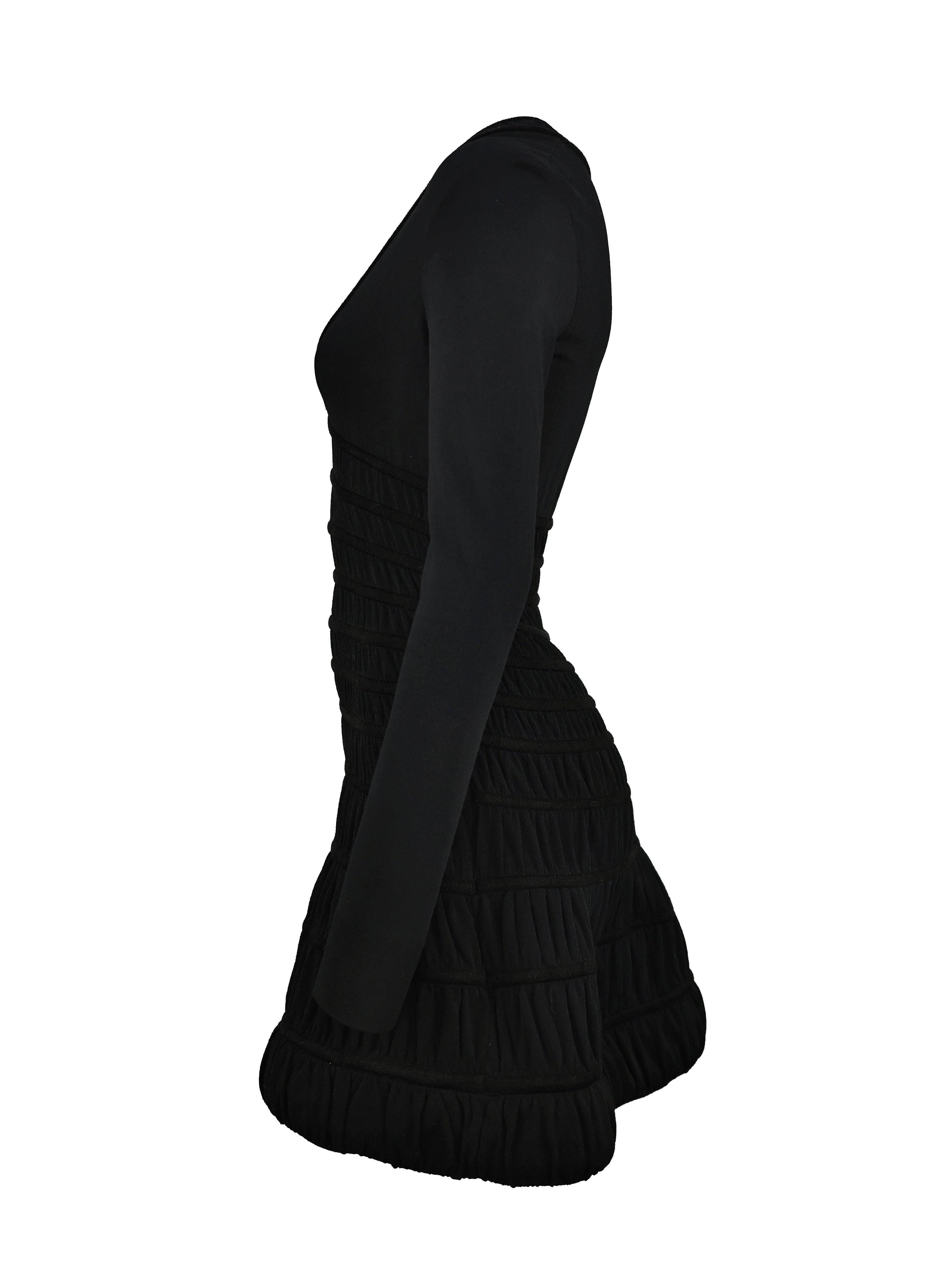 ALAIA BLACK WOOL V NECK LONG SLEEVE DRESS