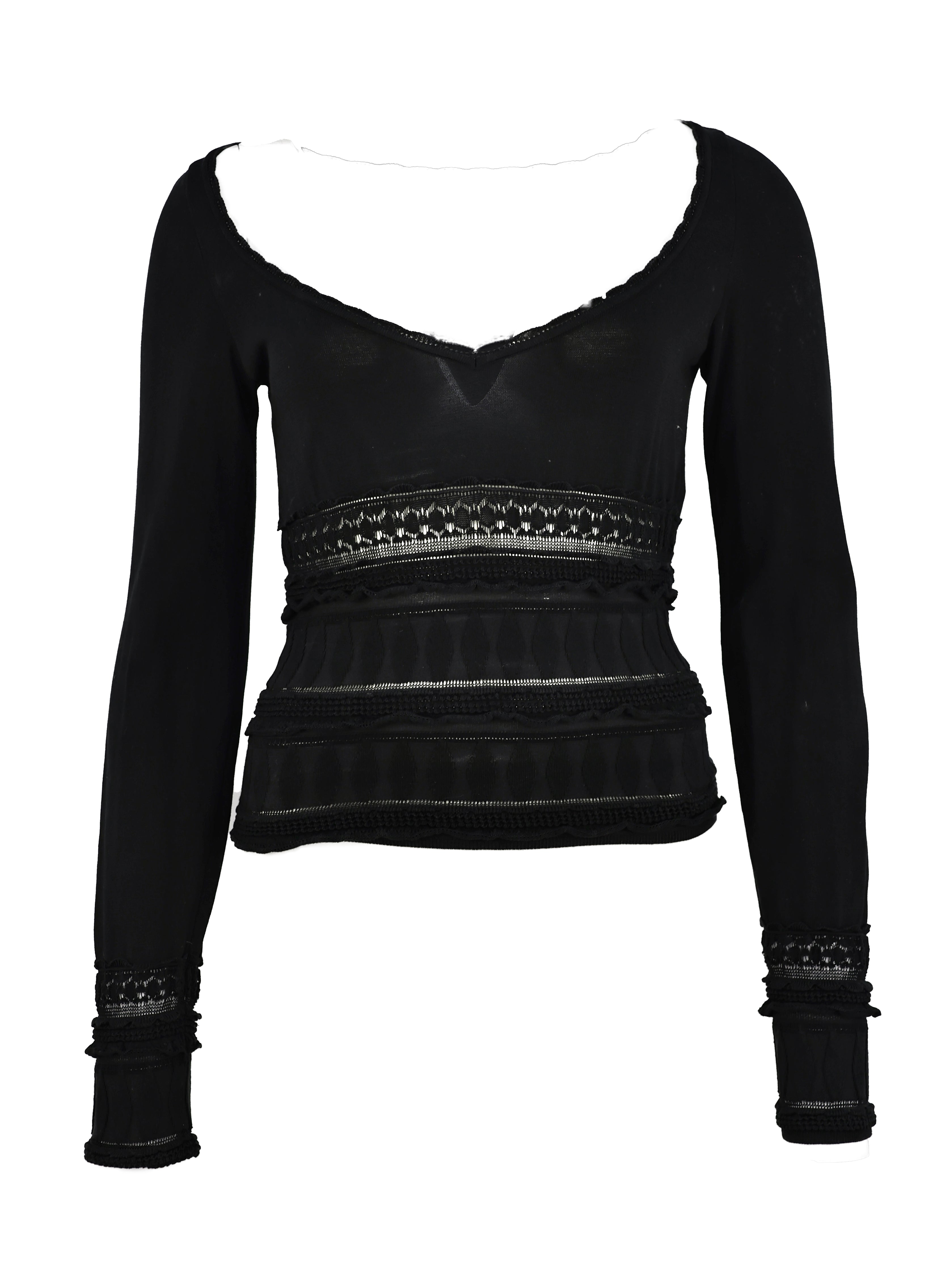 ALAIA BLACK COTTON LONG SLEEVE OPENWORK LONG SLEEVE TOP