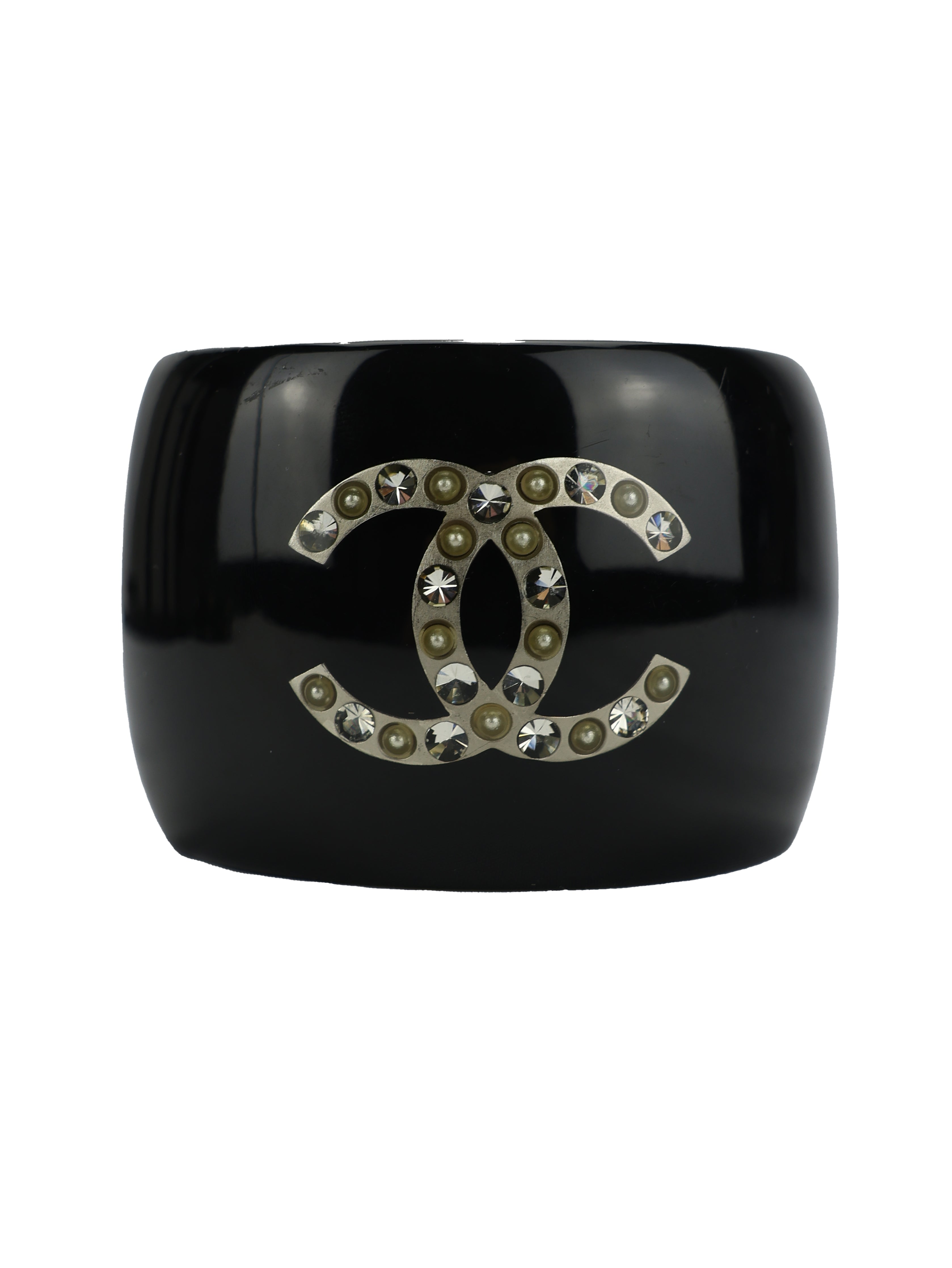 CHANEL BLACK RESIN CRYSTAL CC LOGO CUFF BRACELET