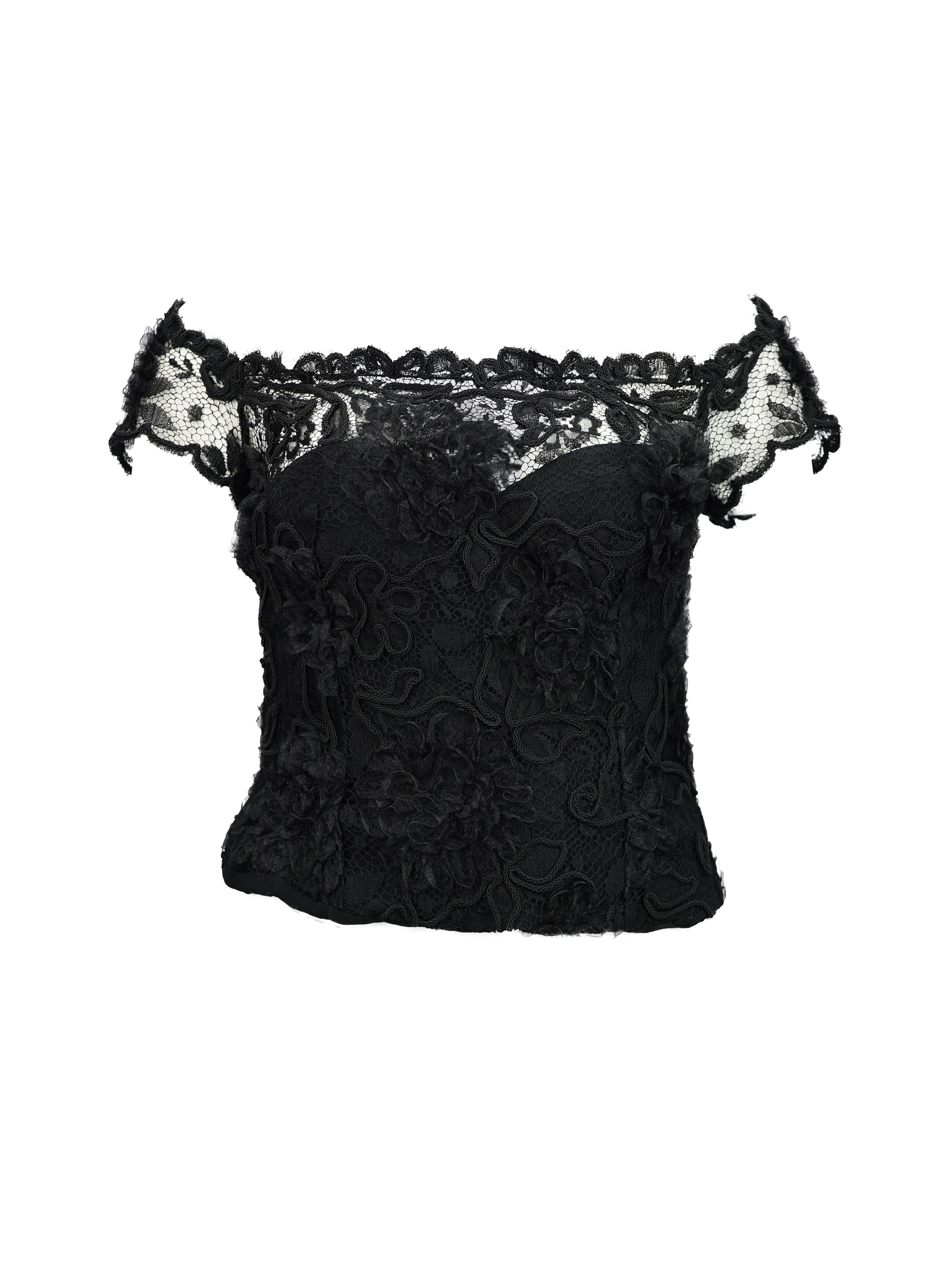 CHANEL FALL/WINTER 1995 (95A) BLACK LACE OFF SHOULDER CORSET BUSTIER TOP