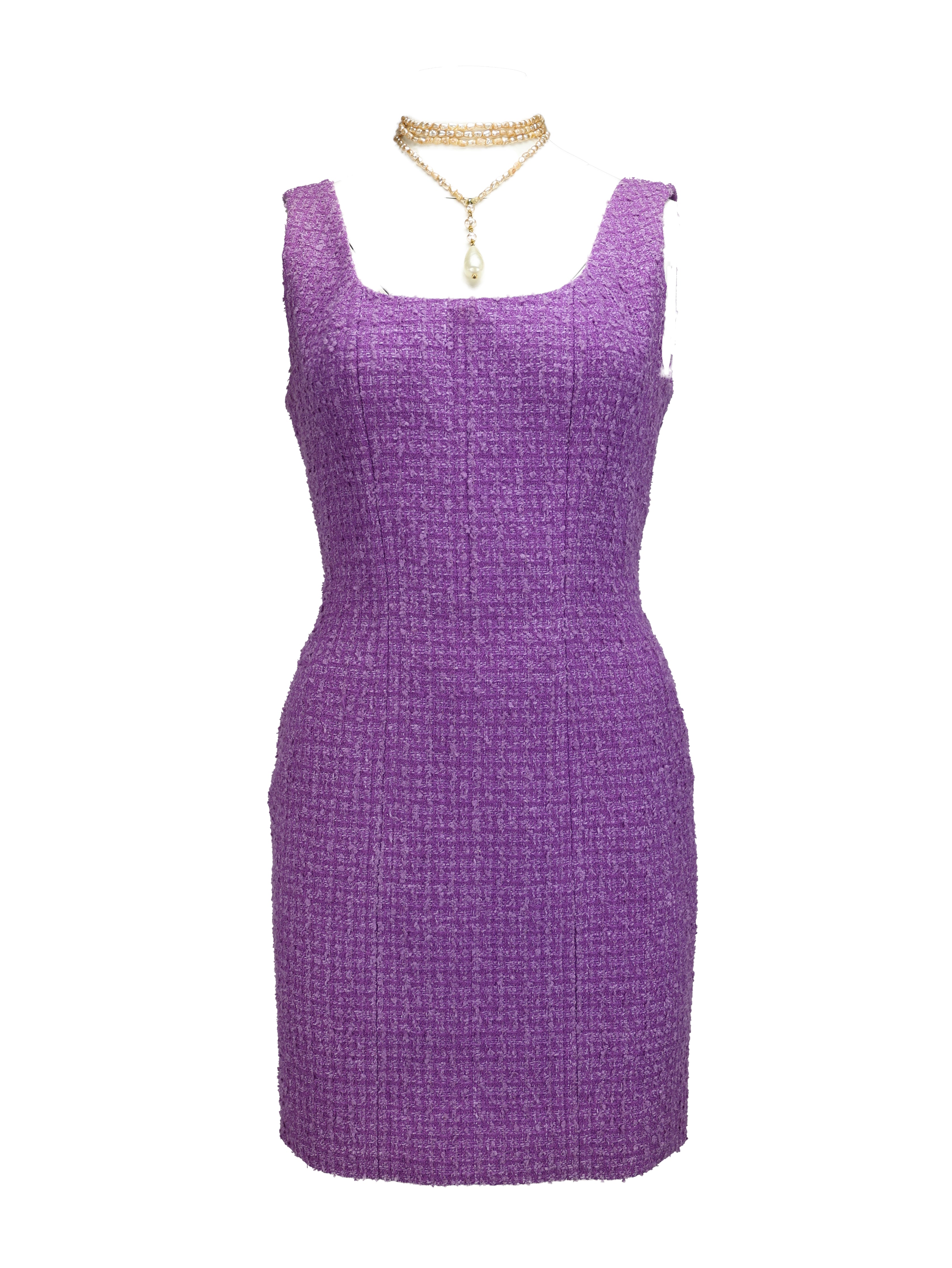 CHANEL SPRING/SUMMER 1994 (94P) PURPLE TWEED SLEEVELESS CORSETED DRESS PEARL NECKLACE ENSEMBLE