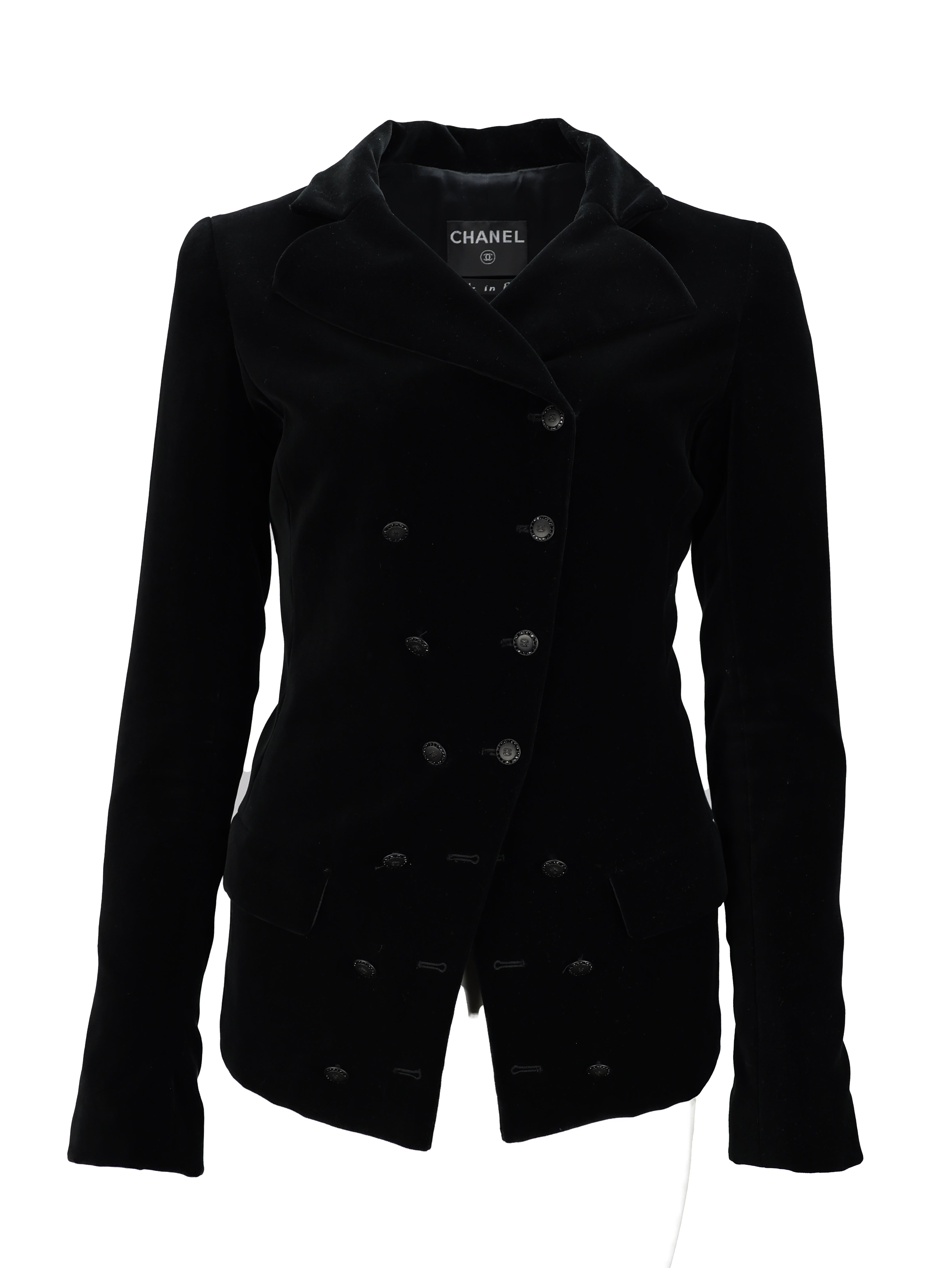 CHANEL 2005 FALL / WINTER (05A) BLACK VELVET CC LOGO DOUBLE BREASTED LONG SLEEVE JACKET