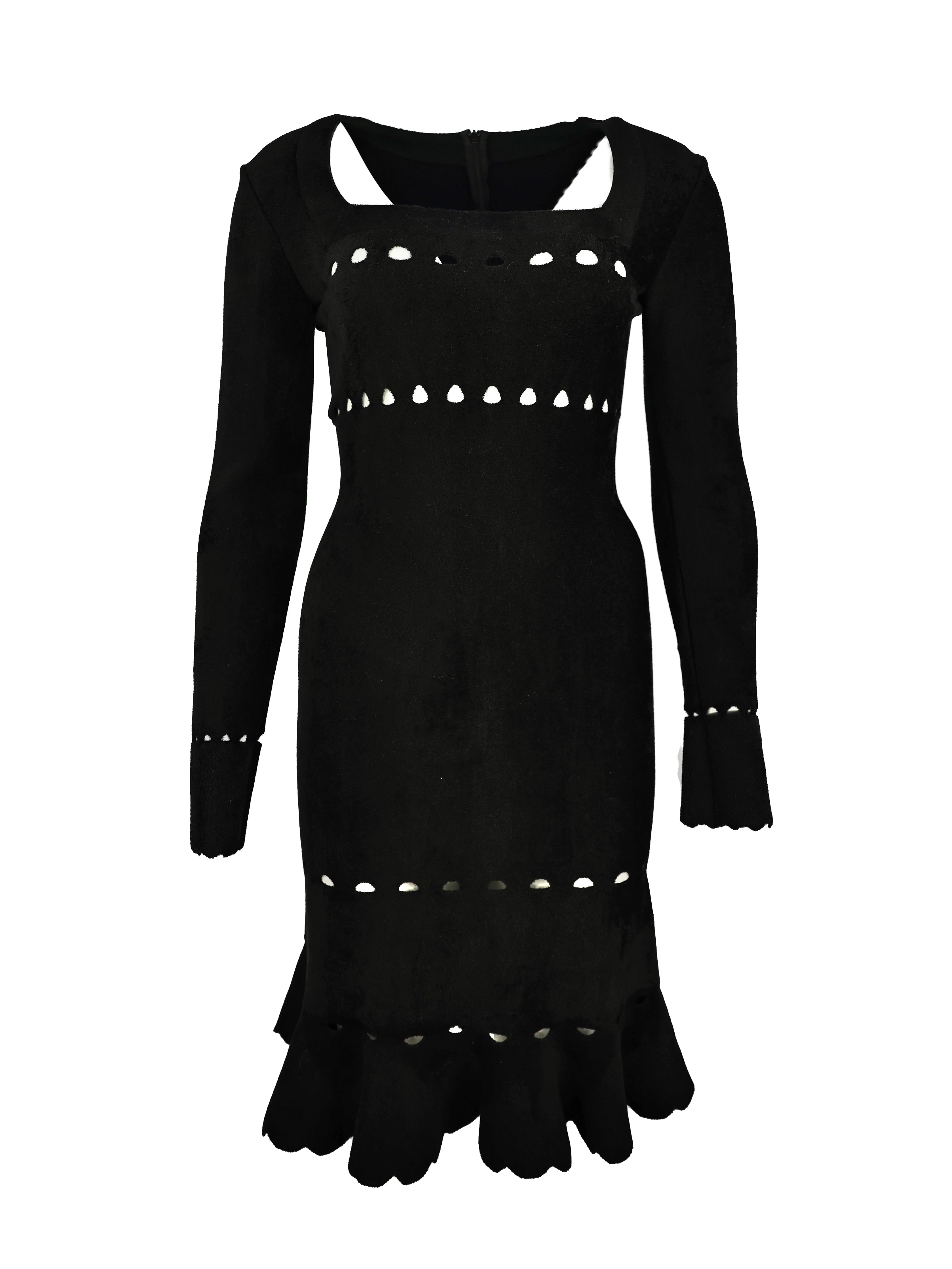 ALAIA BLACK WOOL PERFORATED LONG SLEEVE PEPLUM DRESS