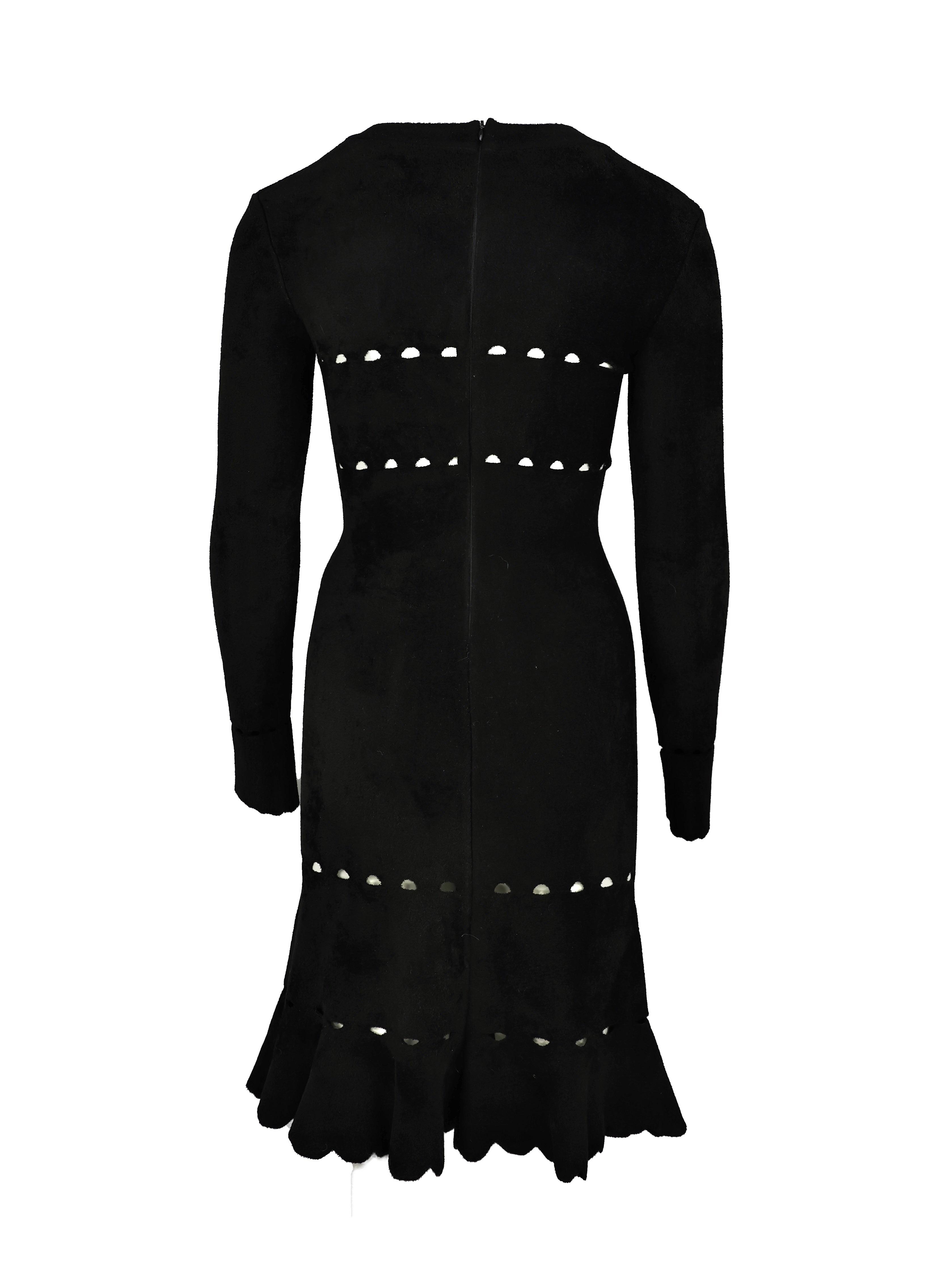 ALAIA BLACK WOOL PERFORATED LONG SLEEVE PEPLUM DRESS