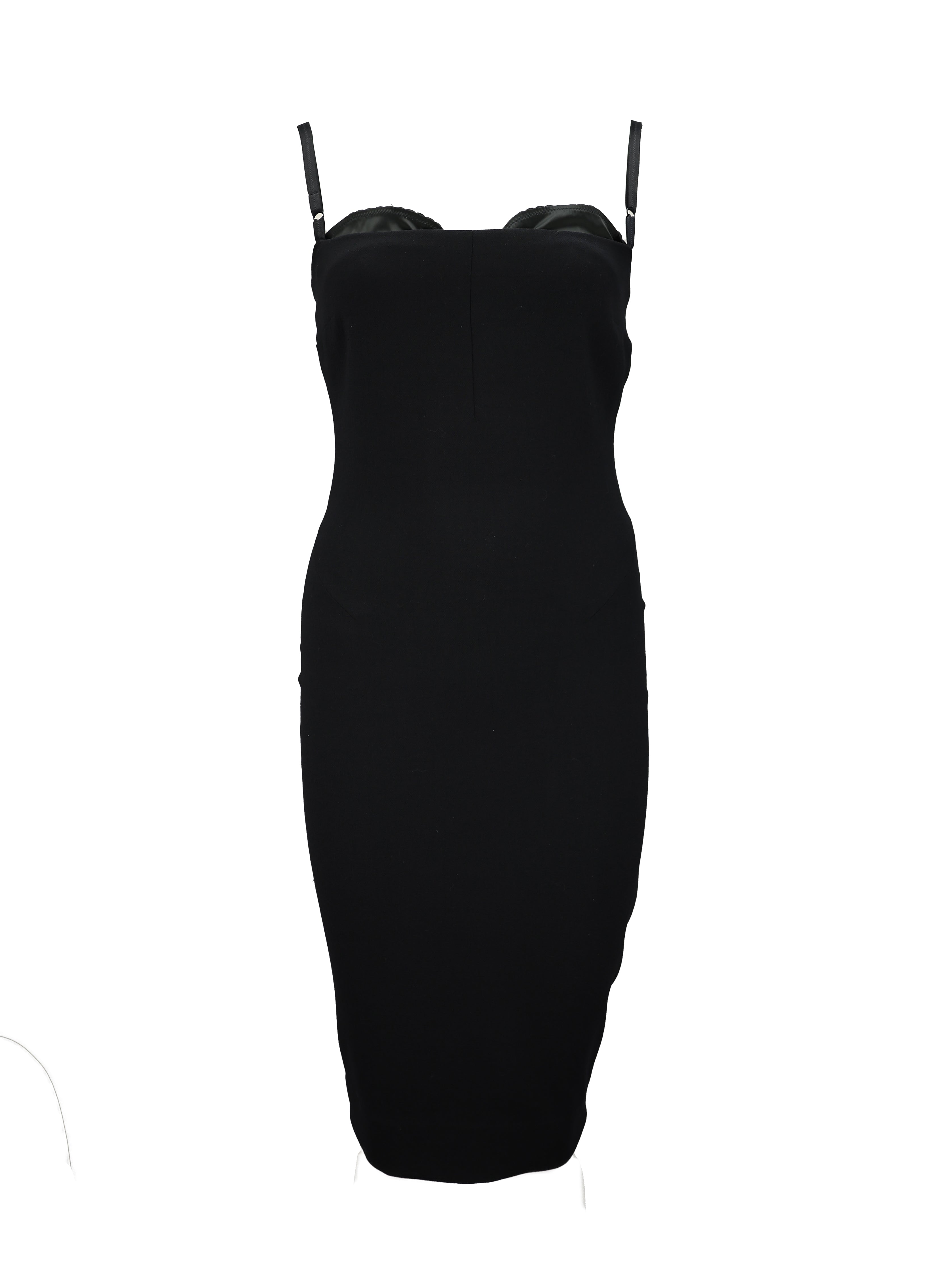 DOLCE AND GABBANA BLACK WOOL LONG BUILT IN SILK BRA DRESS