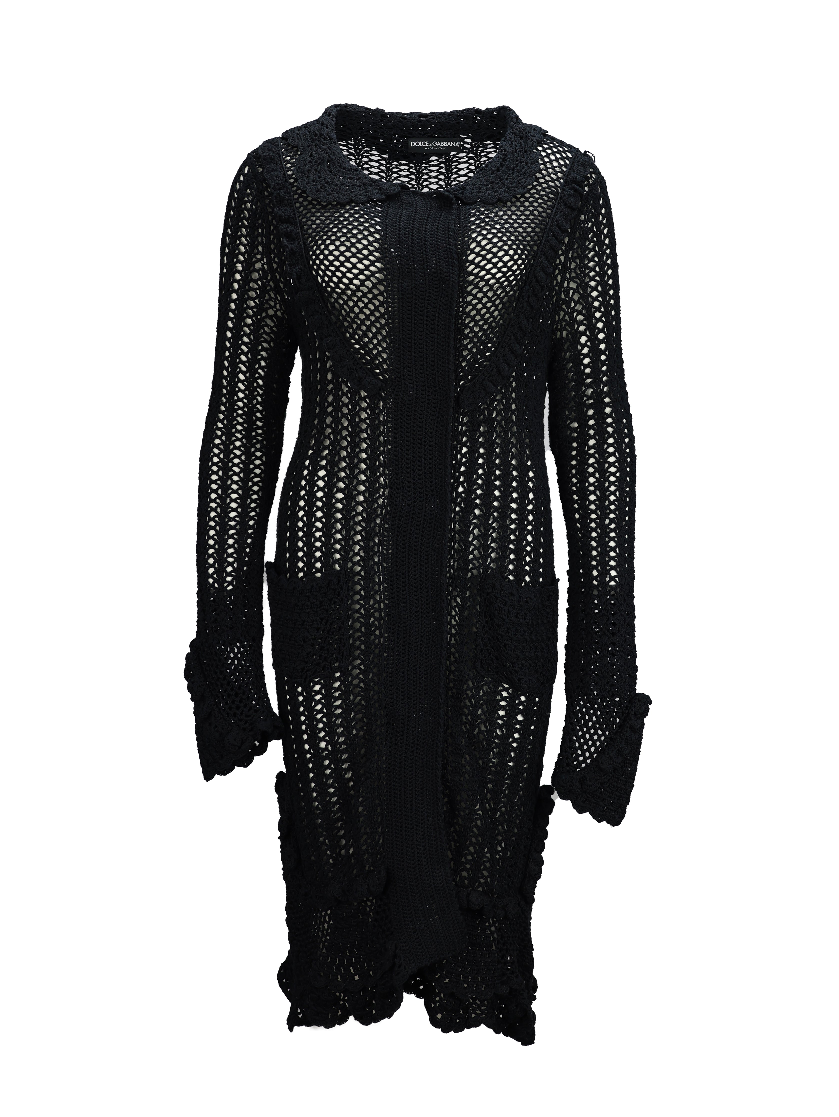 DOLCE AND GABBANA BLACK WOOL HEAVY CROCHET KNIT LONG SLEEVE CARDIGAN
