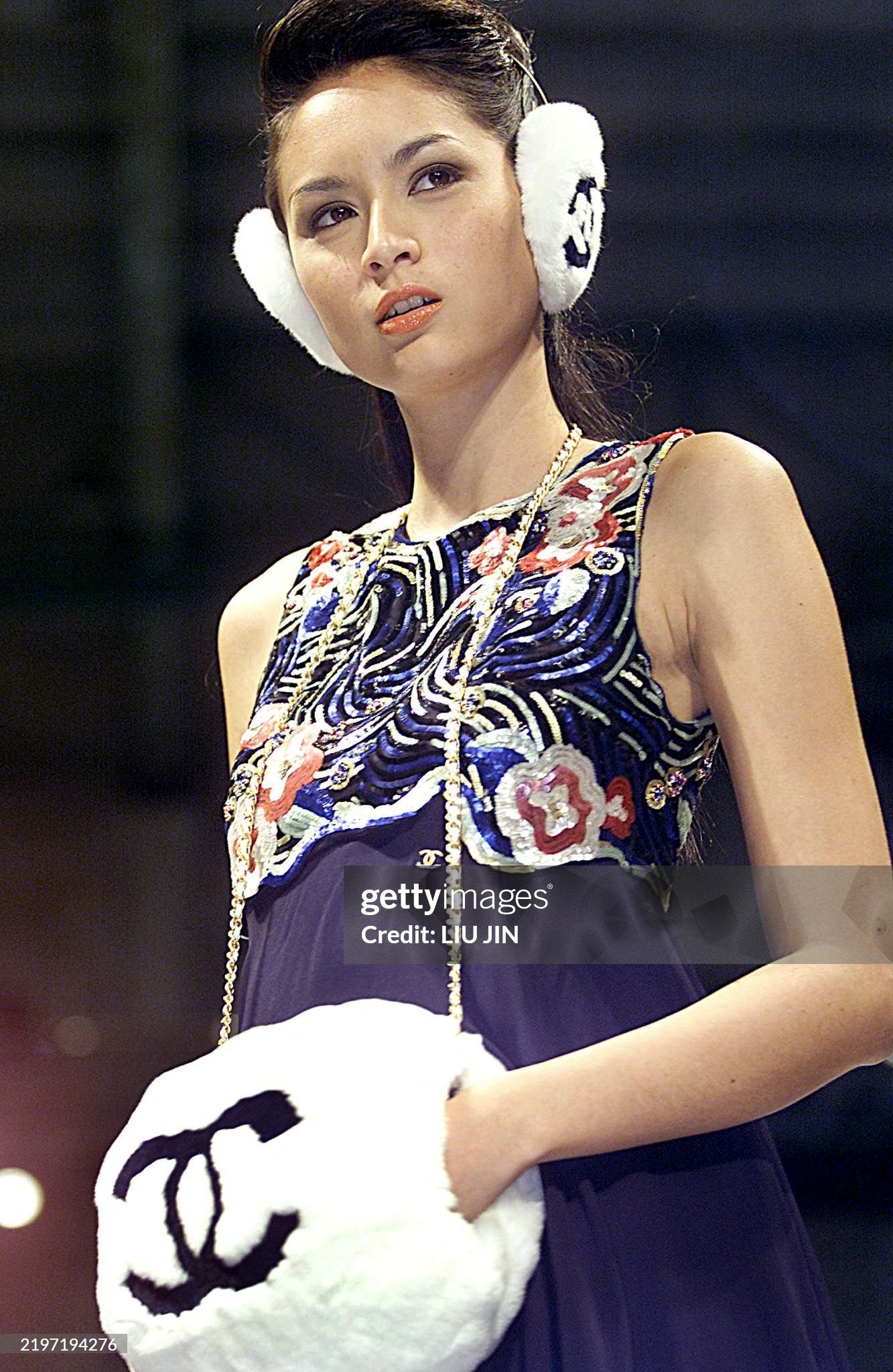 CHANEL FALL / WINTER 2001 (01A) WHITE RABBIT FUR BLACK CC LOGO PEARL 'COCO' EARMUFFS
