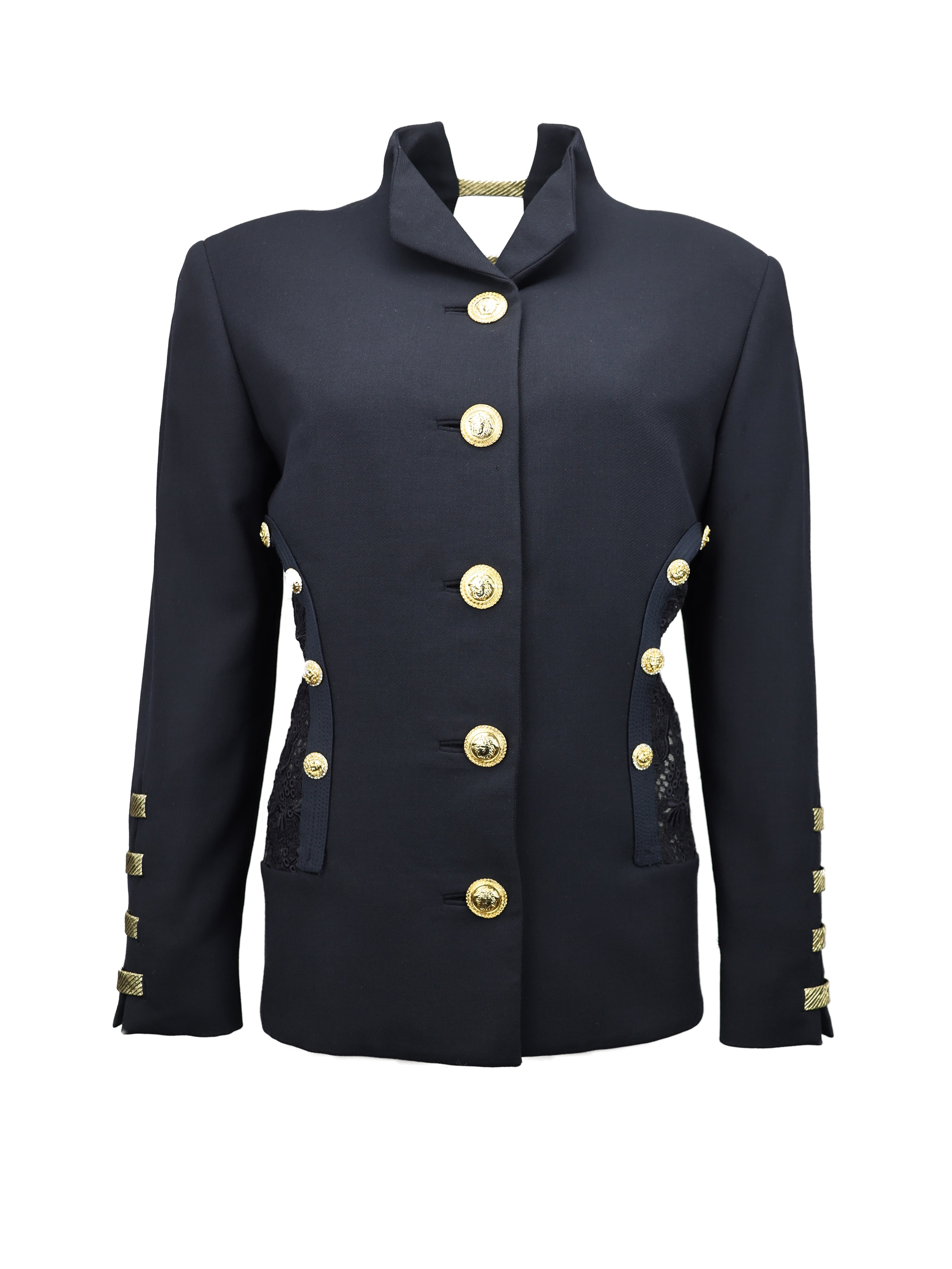 GIANNI VERSACE SPRING/SUMMER 1992 BLUE NAVY WOOL MEDUSA BUTTON LACE INSERT LONG SLEEVE JACKET