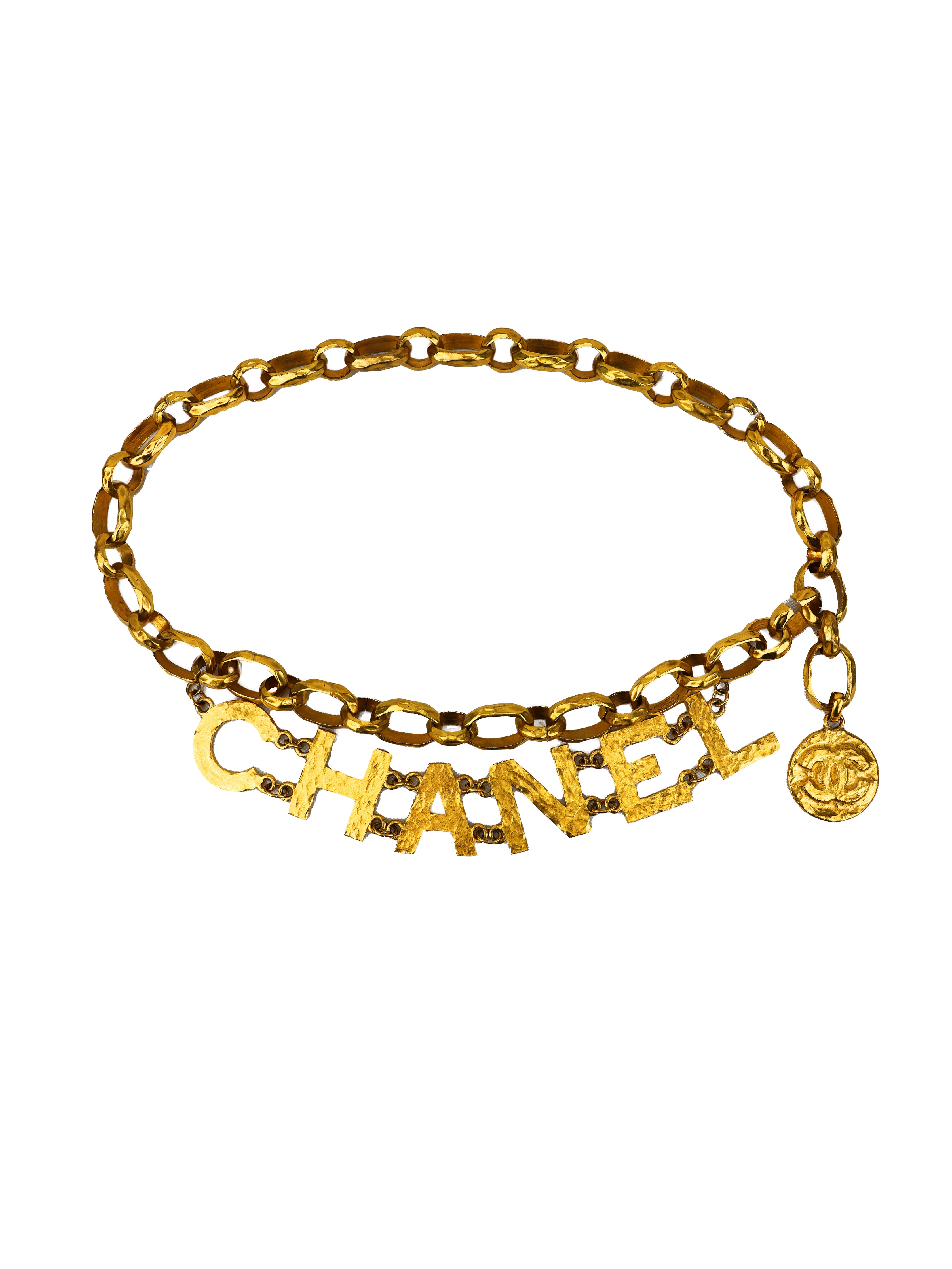 CHANEL SPRING/SUMMER 1993 (93P) GOLD PLATED HAMMERED SPELLOUT LOGO CHAIN LINK BELT