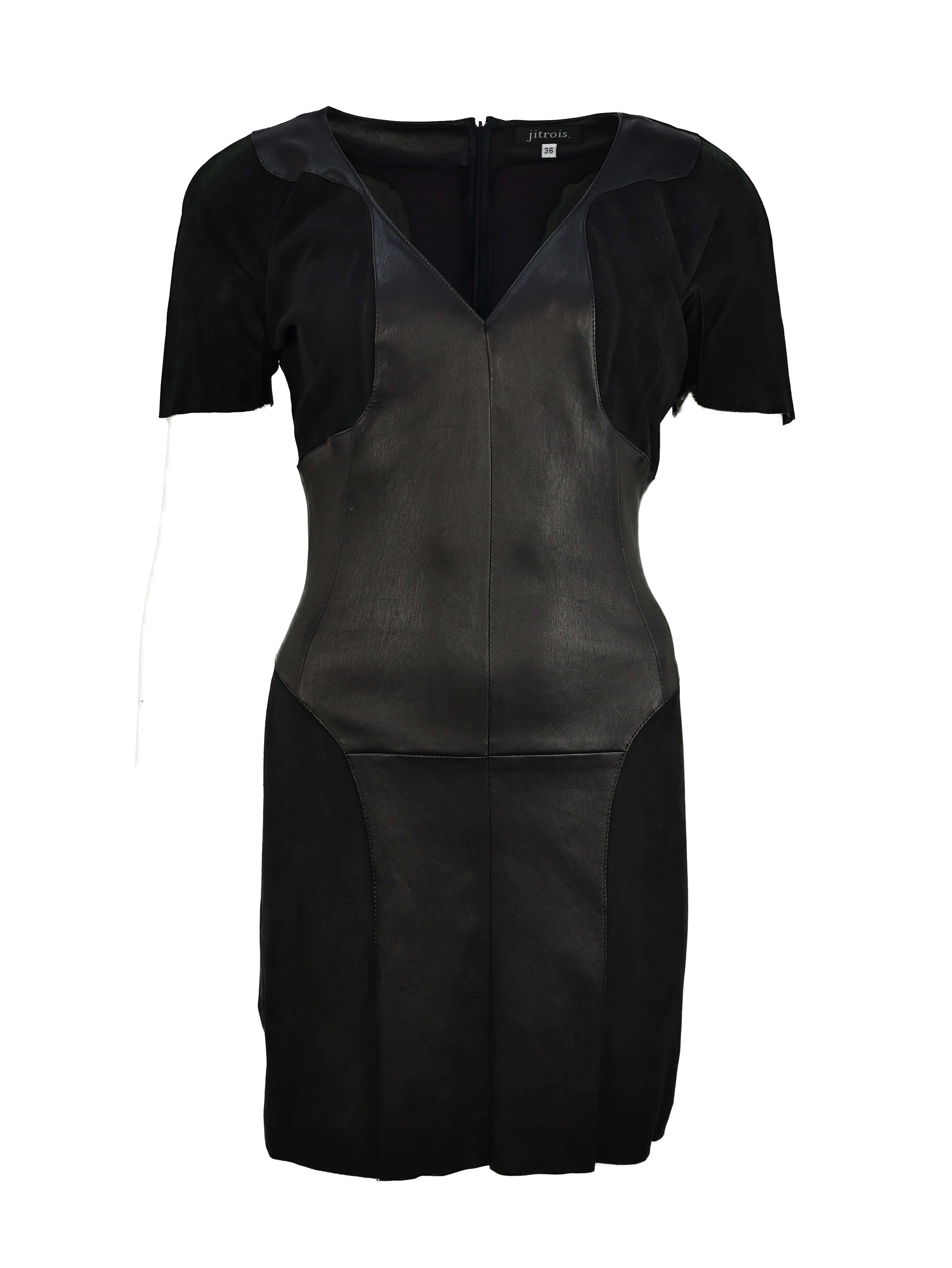 JITROIS BLACK LEATHER SUEDE SHORT SLEEVE DRESS