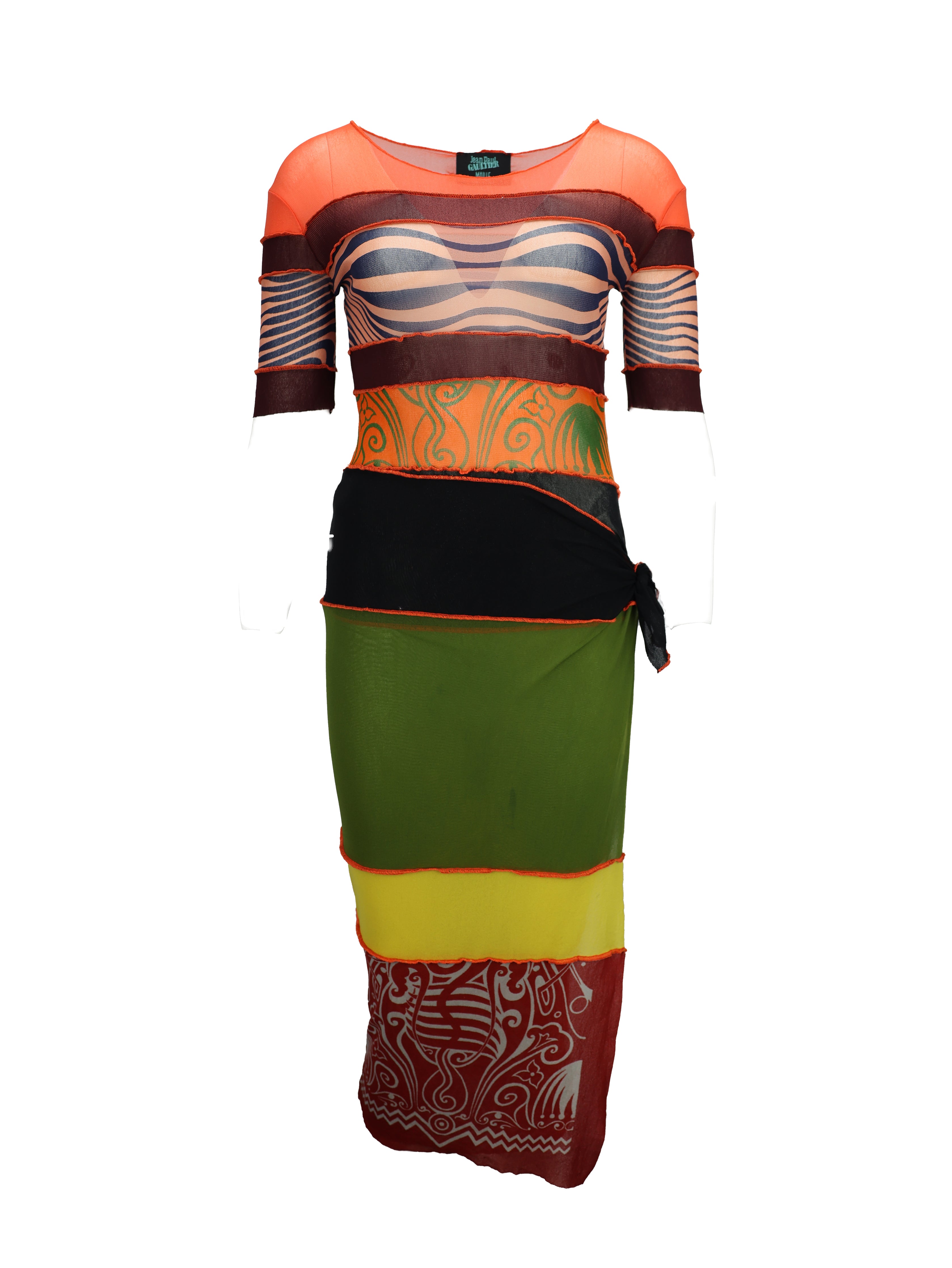 JEAN PAUL GAULTIER SPRING/SUMMER 1996 ‘MAILLE’ ‘CYBERBABA’ MULTICOLOR MESH NUDE ILLUSION SHORT SLEEVE WRAP DRESS