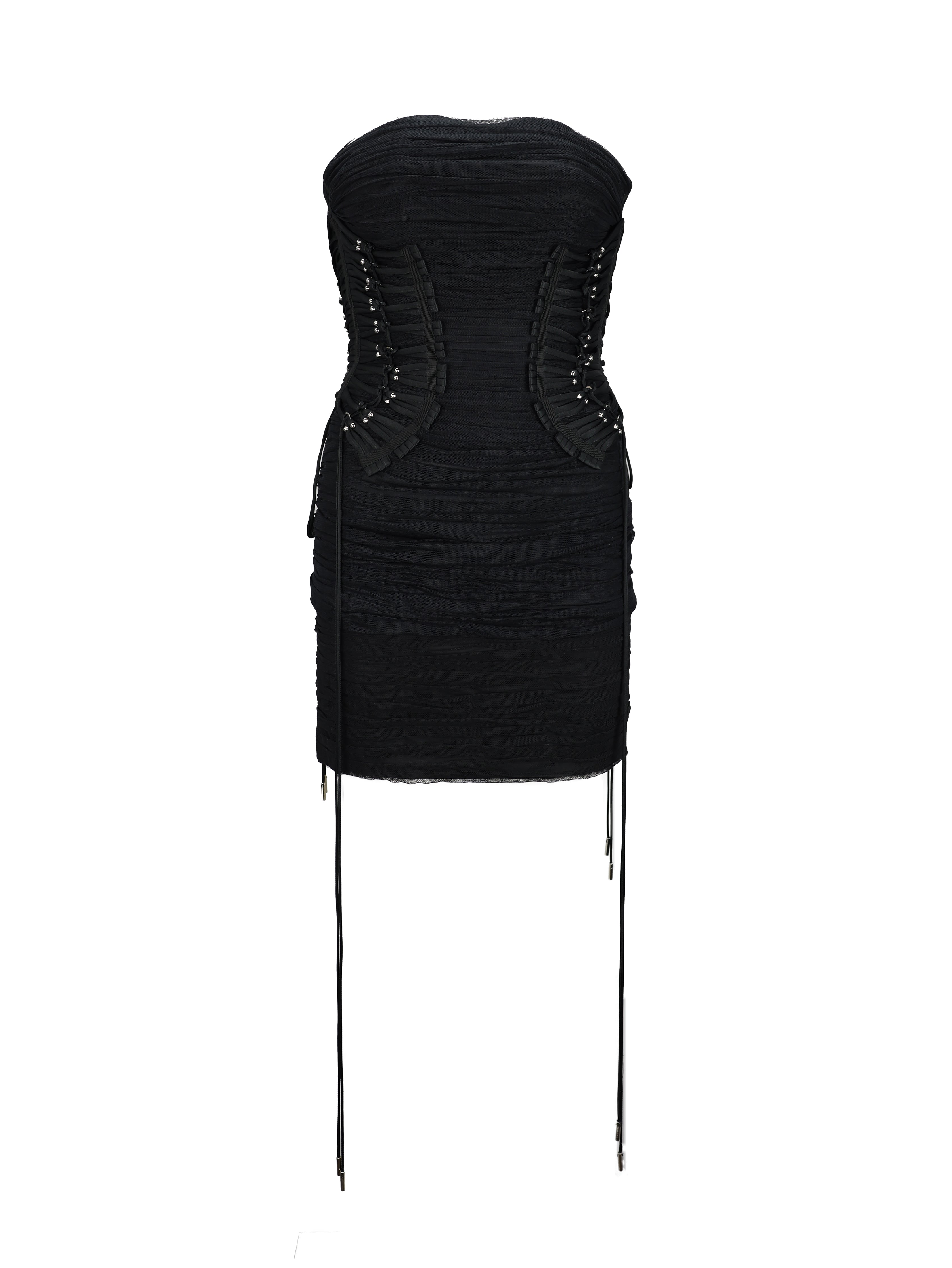 DOLCE AND GABBANA BLACK WOOL LACED CORSET COCKTAIL DRESS
