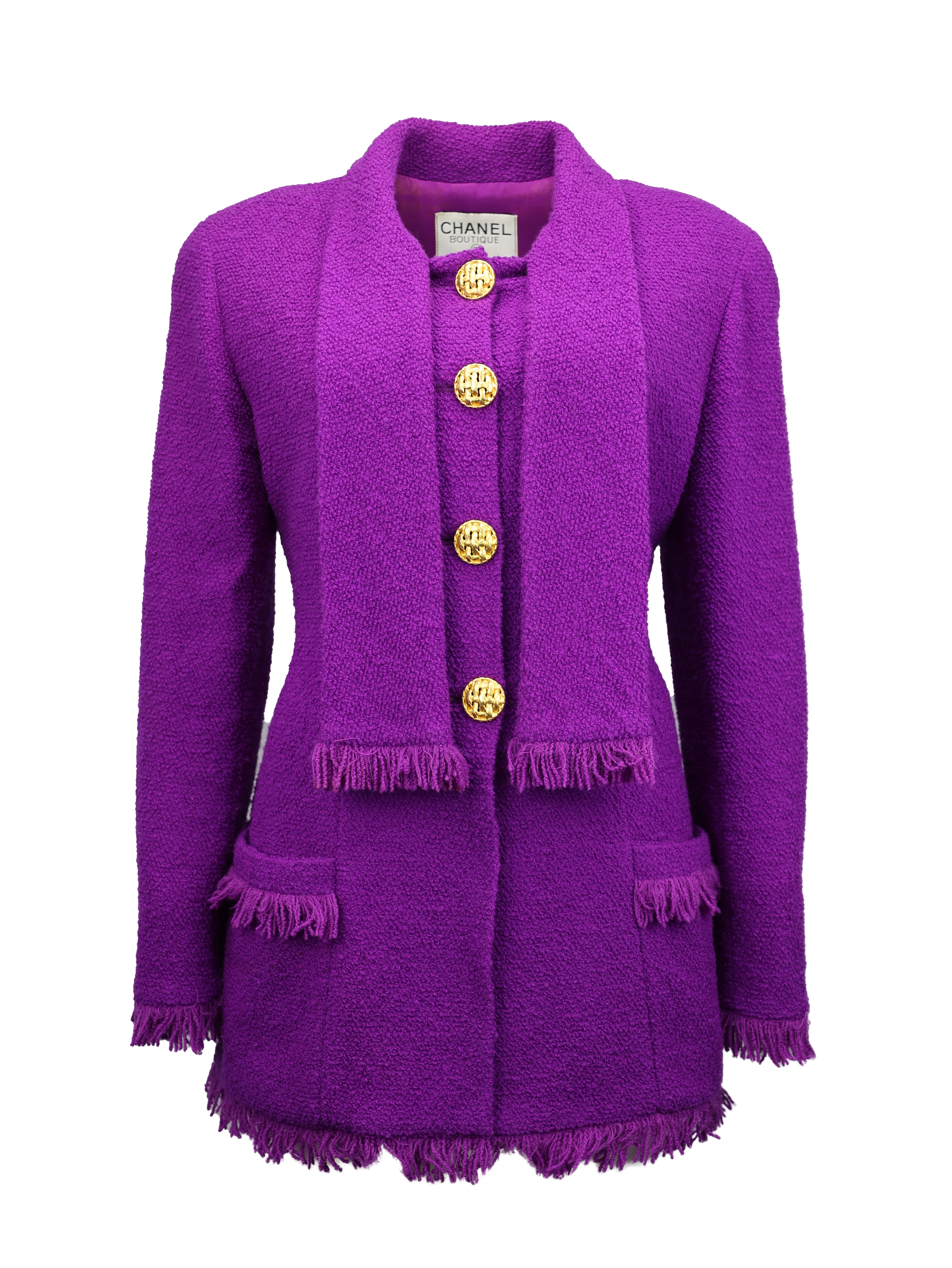 CHANEL FALL/WINTER 1992 (COLLECTION 28) PURPLE TWEED FRAYED EDGE COLLARLESS SHAWL LONG SLEEVE JACKET