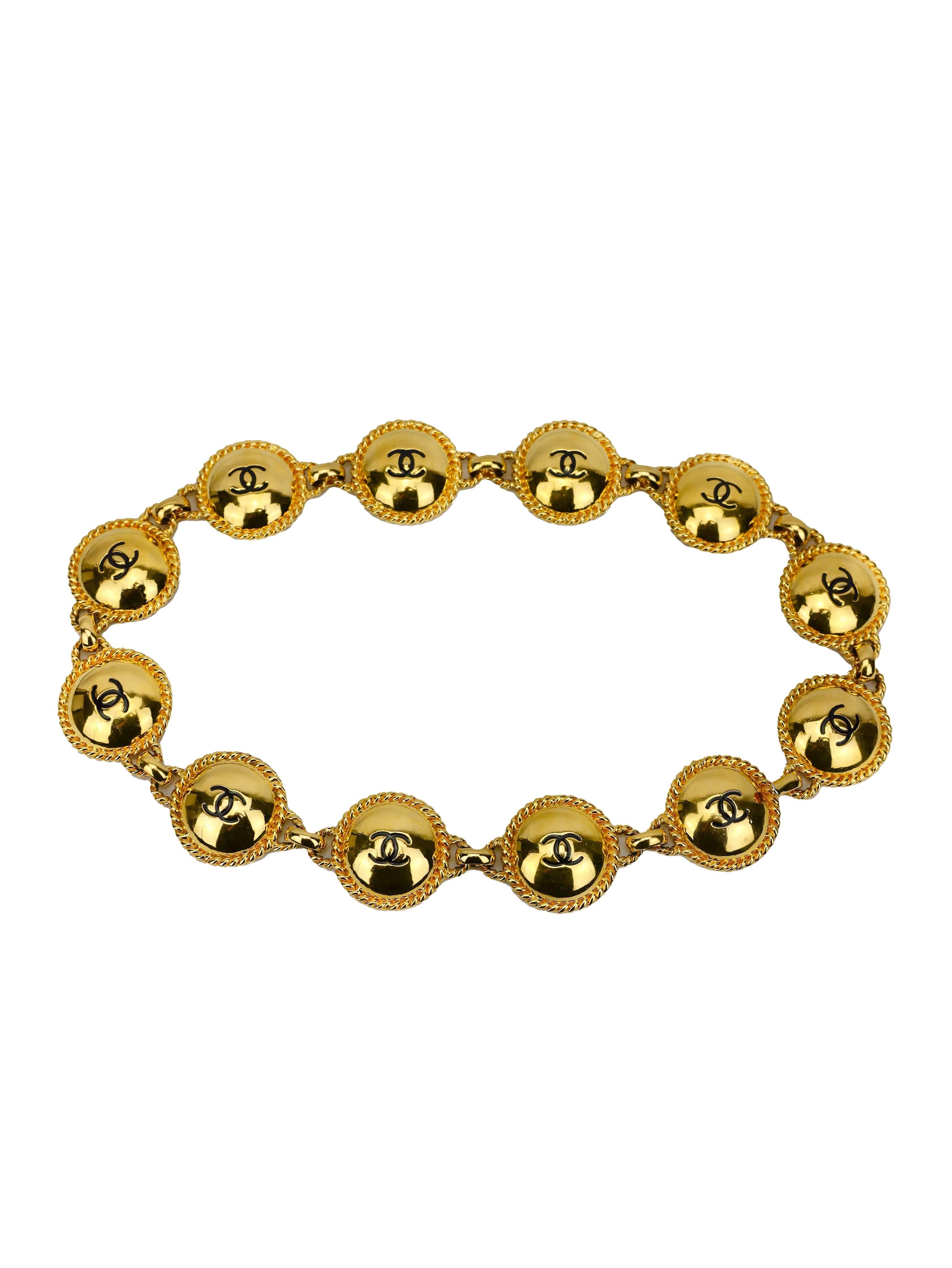 CHANEL SPRING/SUMMER 1991 (COLLECTION 25) GOLD PLATED BLACK CC LOGO DOMED MEDALLION LINK CHAIN BELT