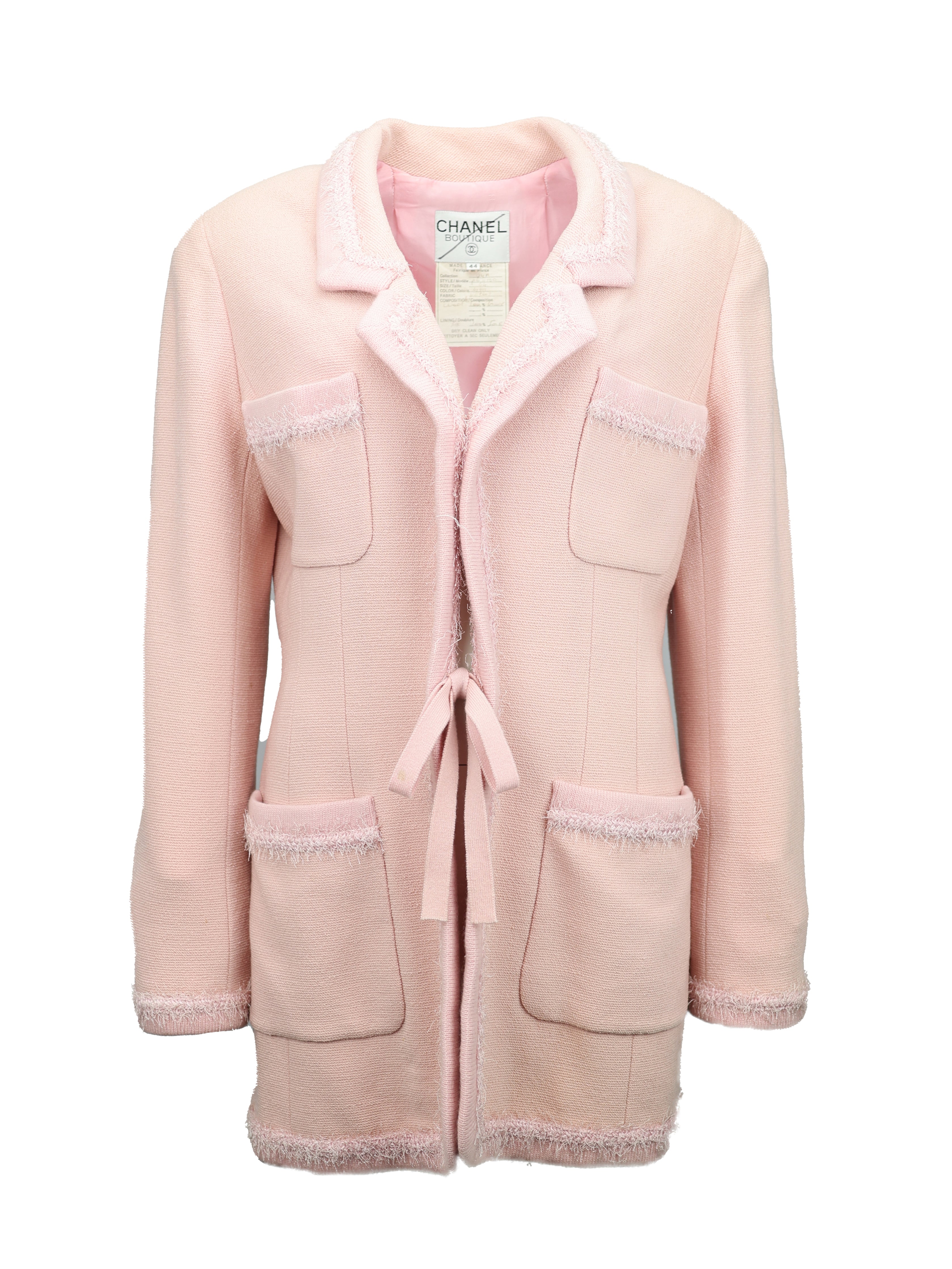 CHANEL FALL/WINTER 1994 (94P) PINK WOOL KNIT FRAYED EDGE LONG SLEEVE JACKET