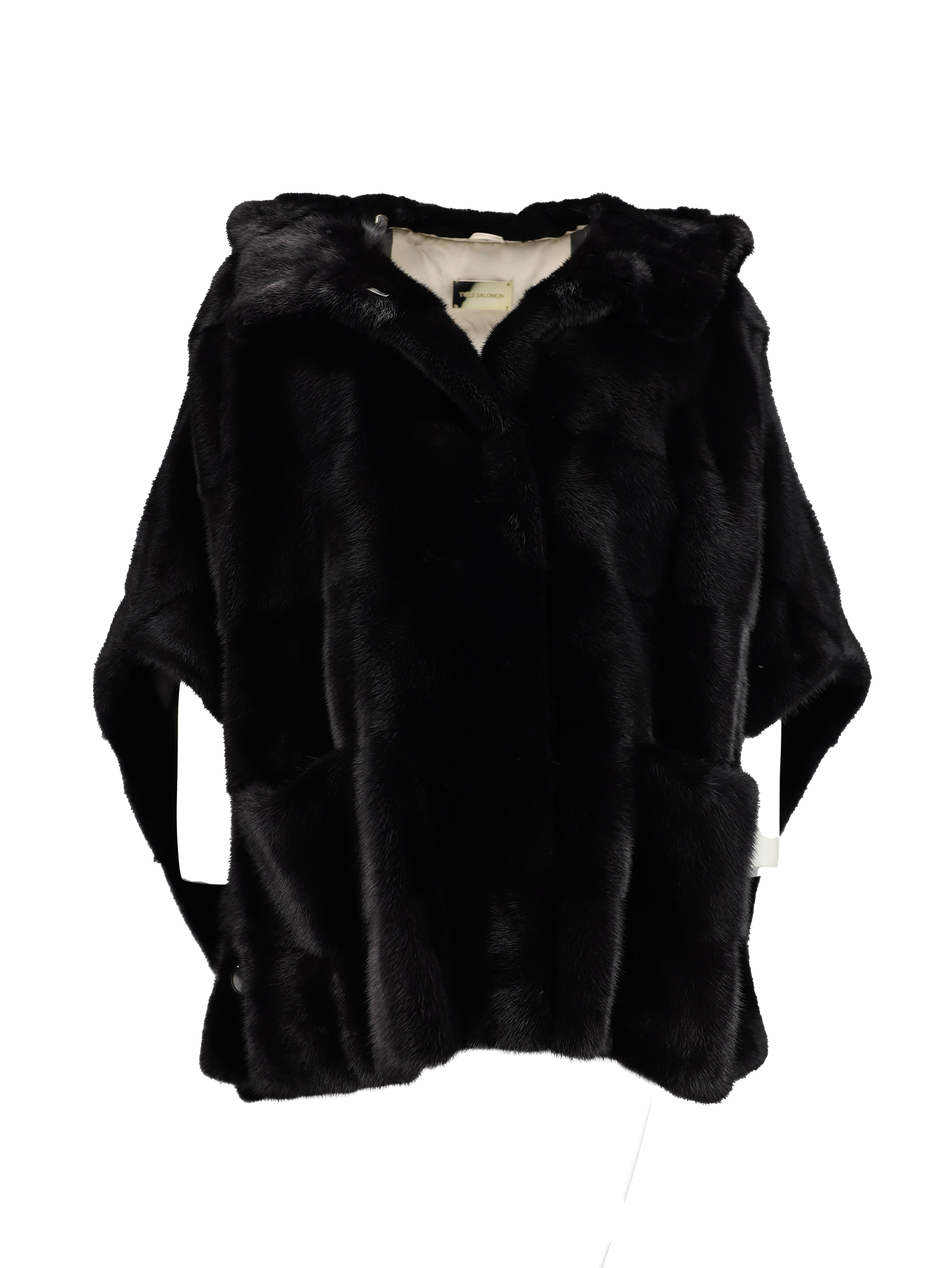 YVES SALOMON BLACK FOX FUR HOODED SLEEVELESS CAPE JACKET