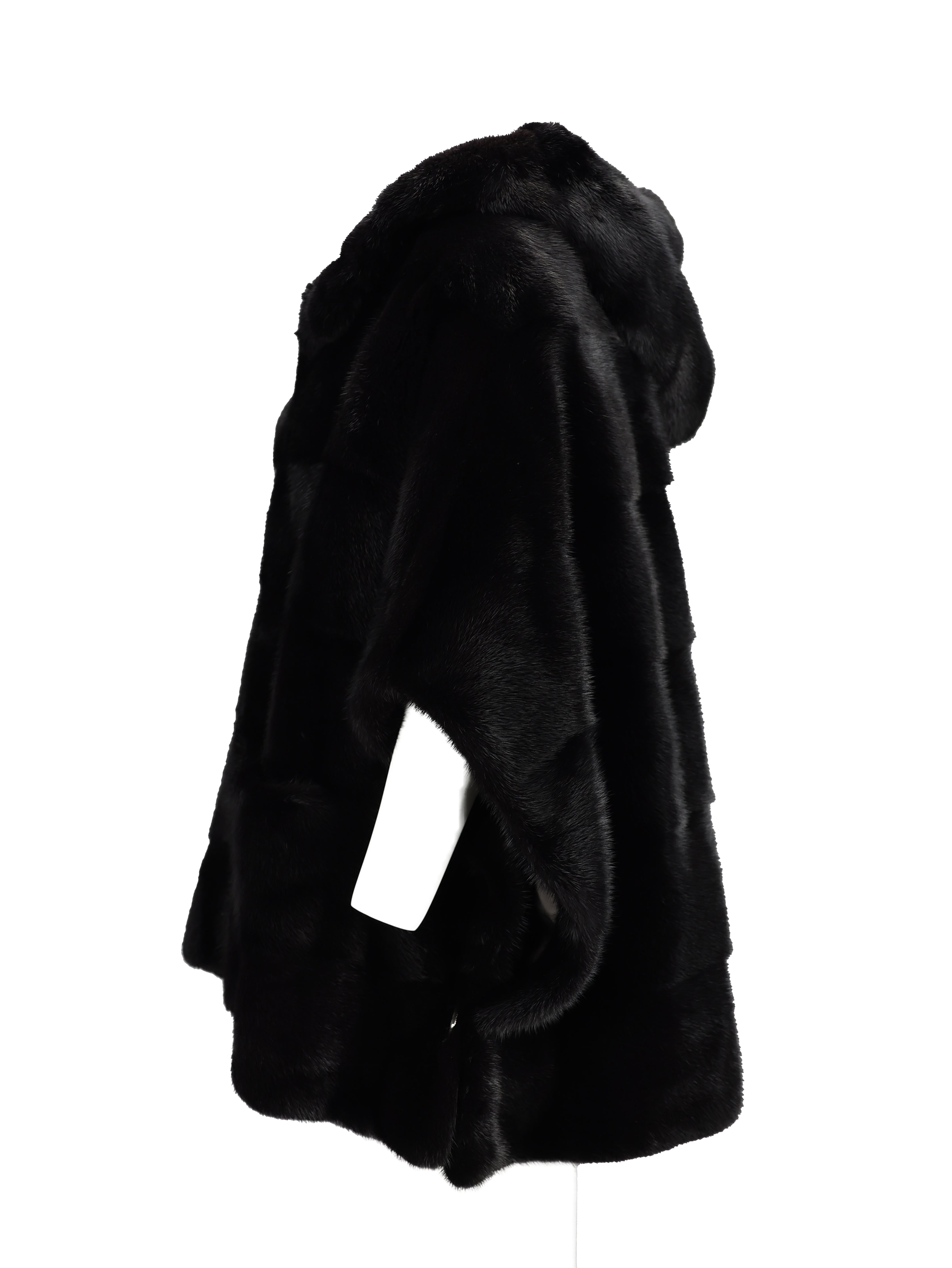 YVES SALOMON BLACK FOX FUR HOODED SLEEVELESS CAPE JACKET