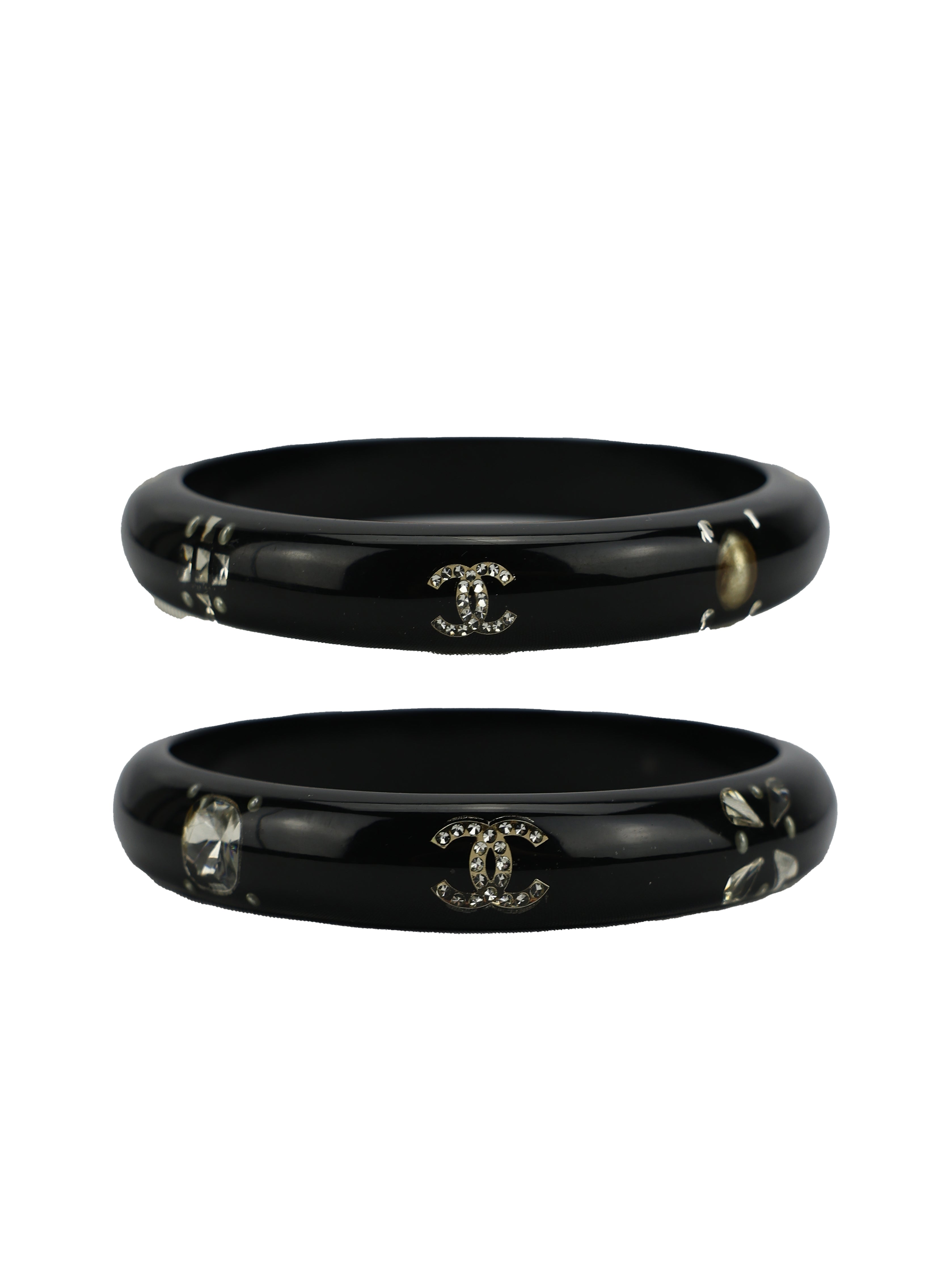 CHANEL BLACK RESIN CRYSTAL CC LOGO BRACELET SET