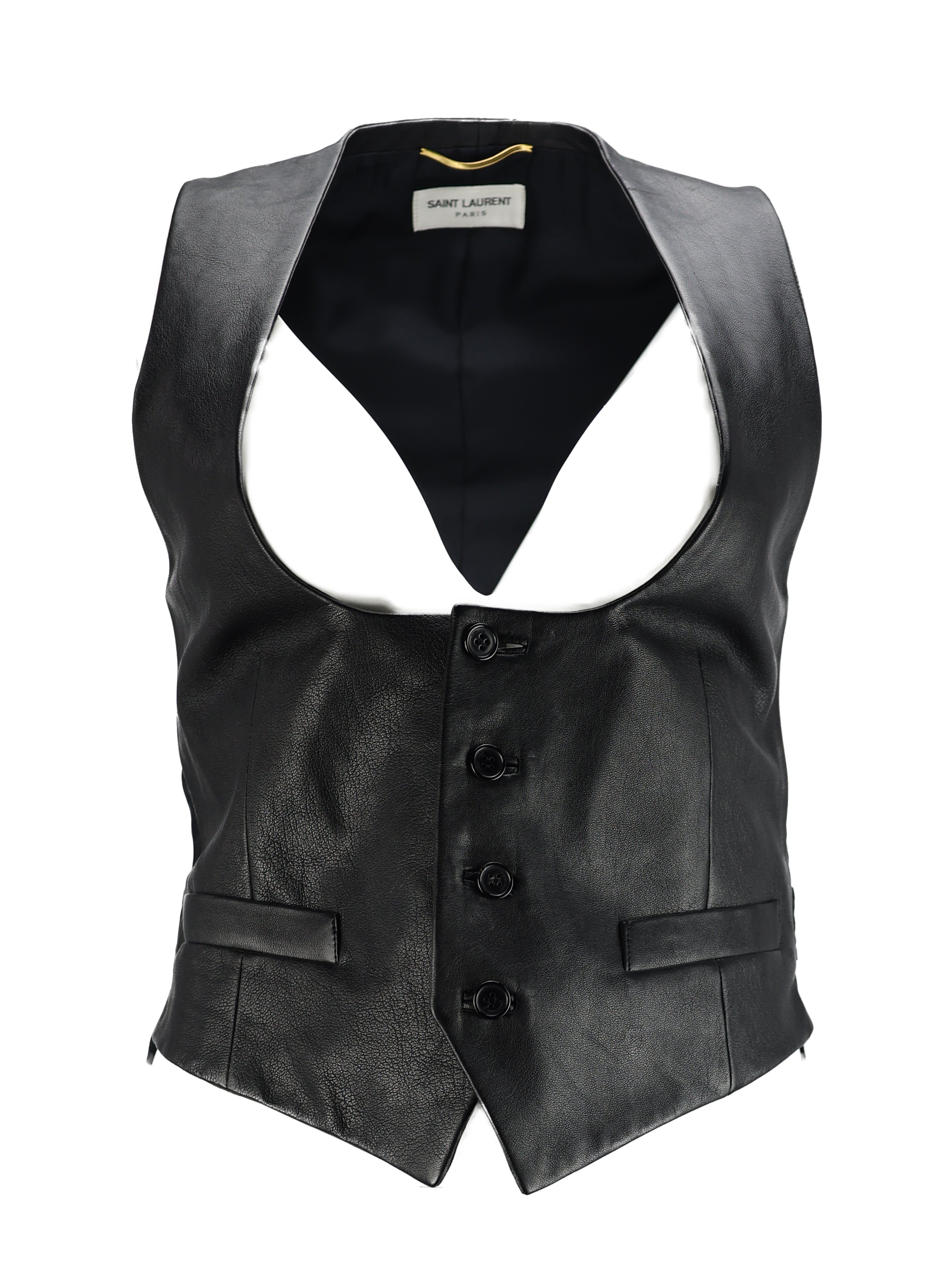 SAINT LAURENT BY HEDI SLIMANE BLACK LEATHER SLEEVELESS WAISTCOAT