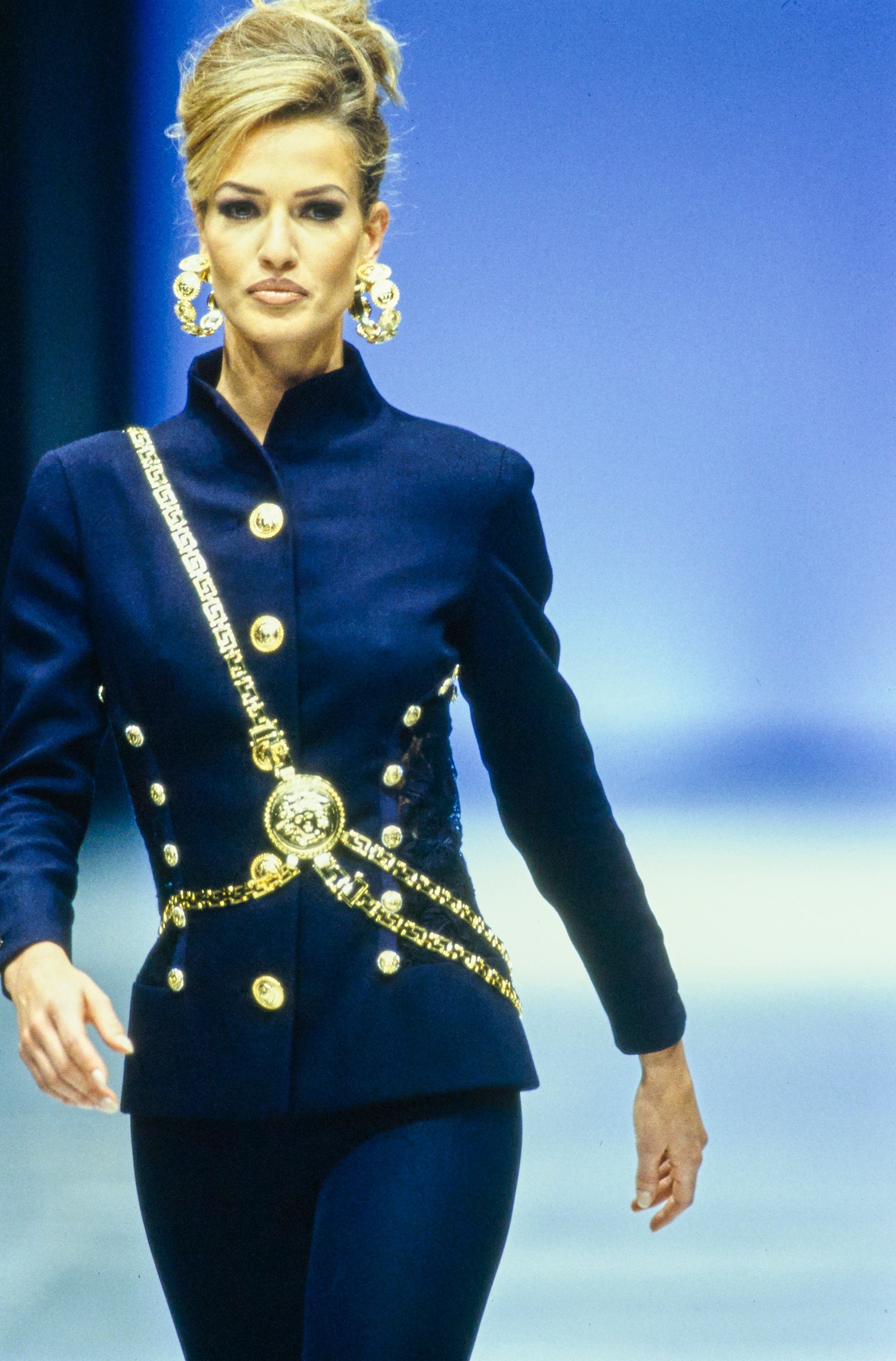 GIANNI VERSACE SPRING/SUMMER 1992 BLUE NAVY WOOL MEDUSA BUTTON LACE INSERT LONG SLEEVE JACKET