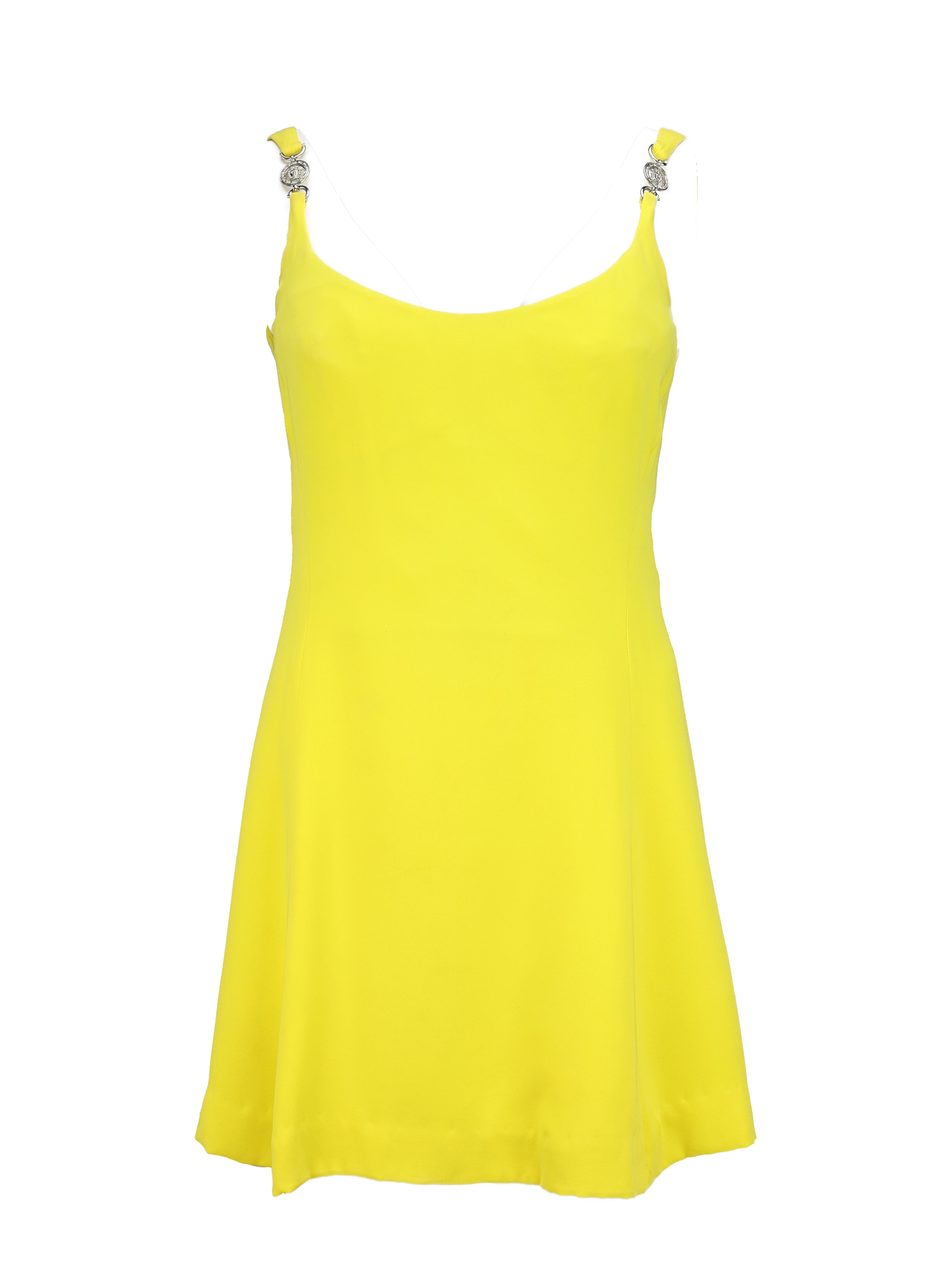 GIANNI VERSACE COUTURE SPRING/SUMMER 1996 YELLOW SILK SILVER MEDUSA HARDWARE KNEE LENGTH DRESS