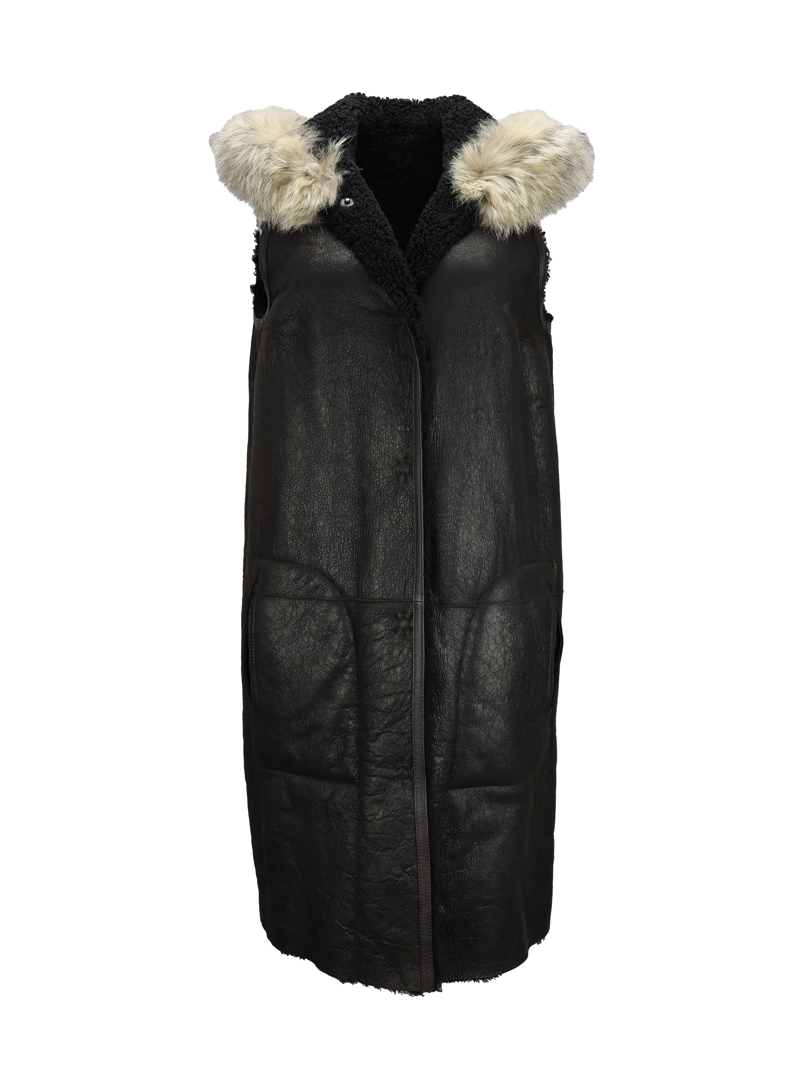 YVES SALOMON BROWN SHEARLING SLEEVELESS HOODED COAT